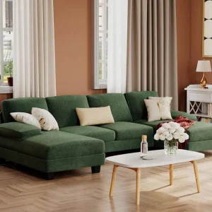 Furmax Sectional Couches for Living Room, U-Shaped Sofa Couch with Linen Fabric, 4 Seat Sofa Set with Double Chaise for Apartment (Fabric, Grey)