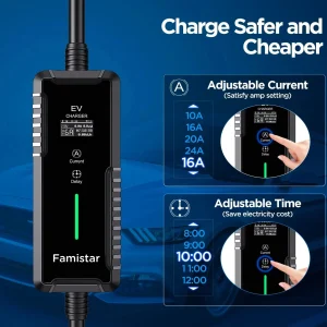 Level 2 & Level 1 EV Charger, 16Amp 110-240V Portable J1772 Electric Car Charger with Adjustable Amp Delayed Timer 25ft Long Cord