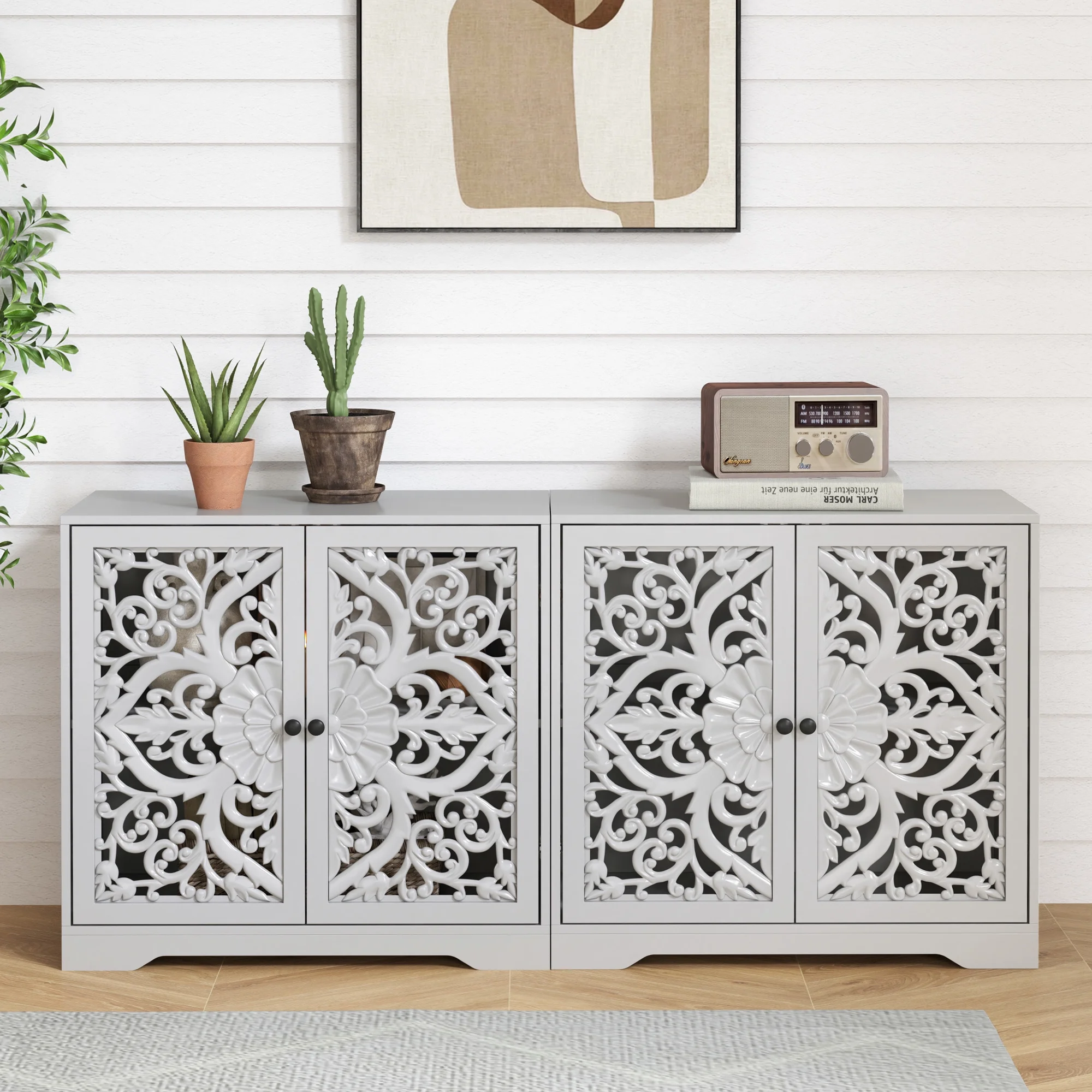 Accent Cabinet with Hollow Carved Door for Entryway Hallway, Blue Sideboard Buffet Cabinet, Storage Cabinet for Living Room