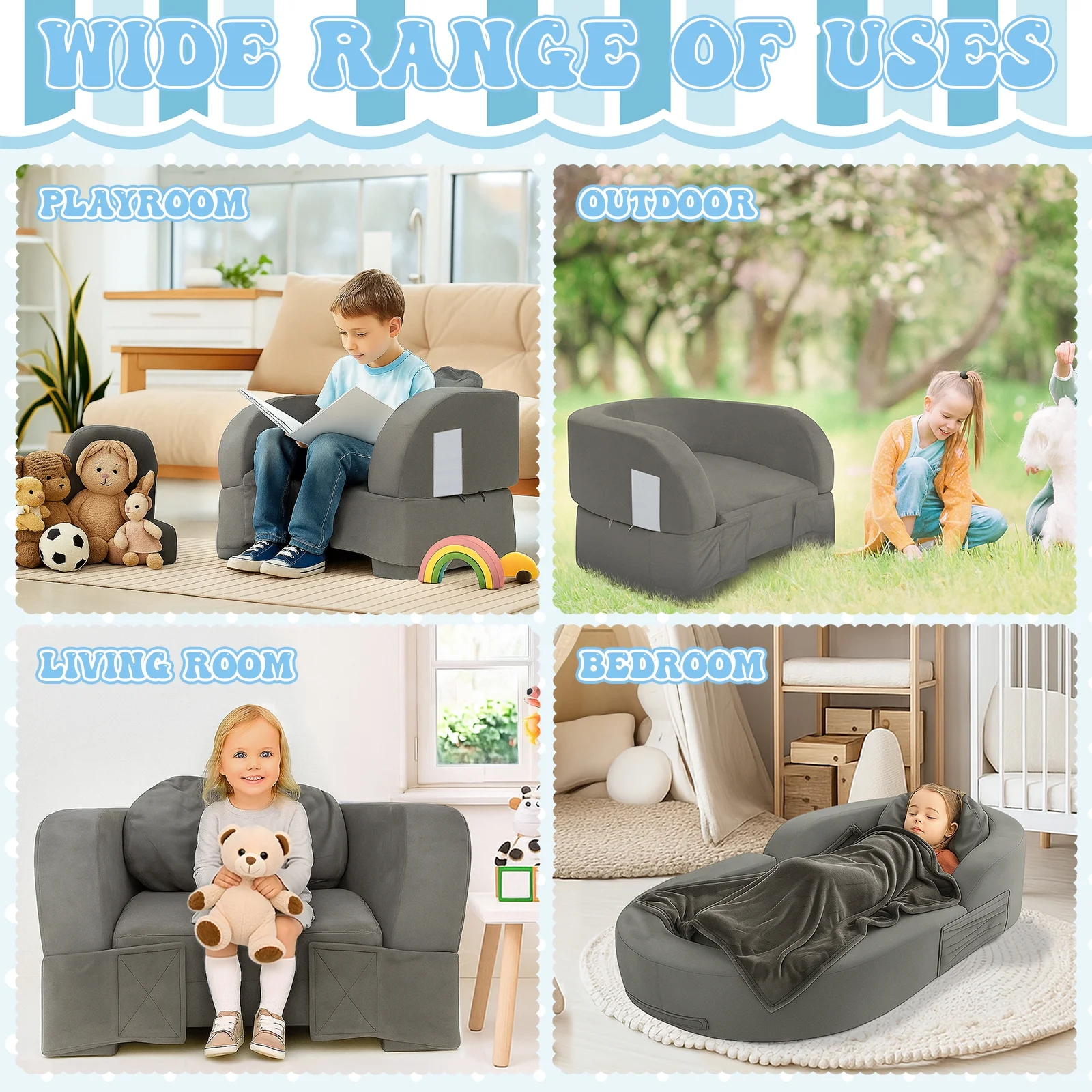 Coumy Toddler Travel Bed 2-in-1 Kids Sofa Chair with Removable Cover, Soft Foam Portable Foldable Toddler Bed for Travel with Carrying Bag, Blue