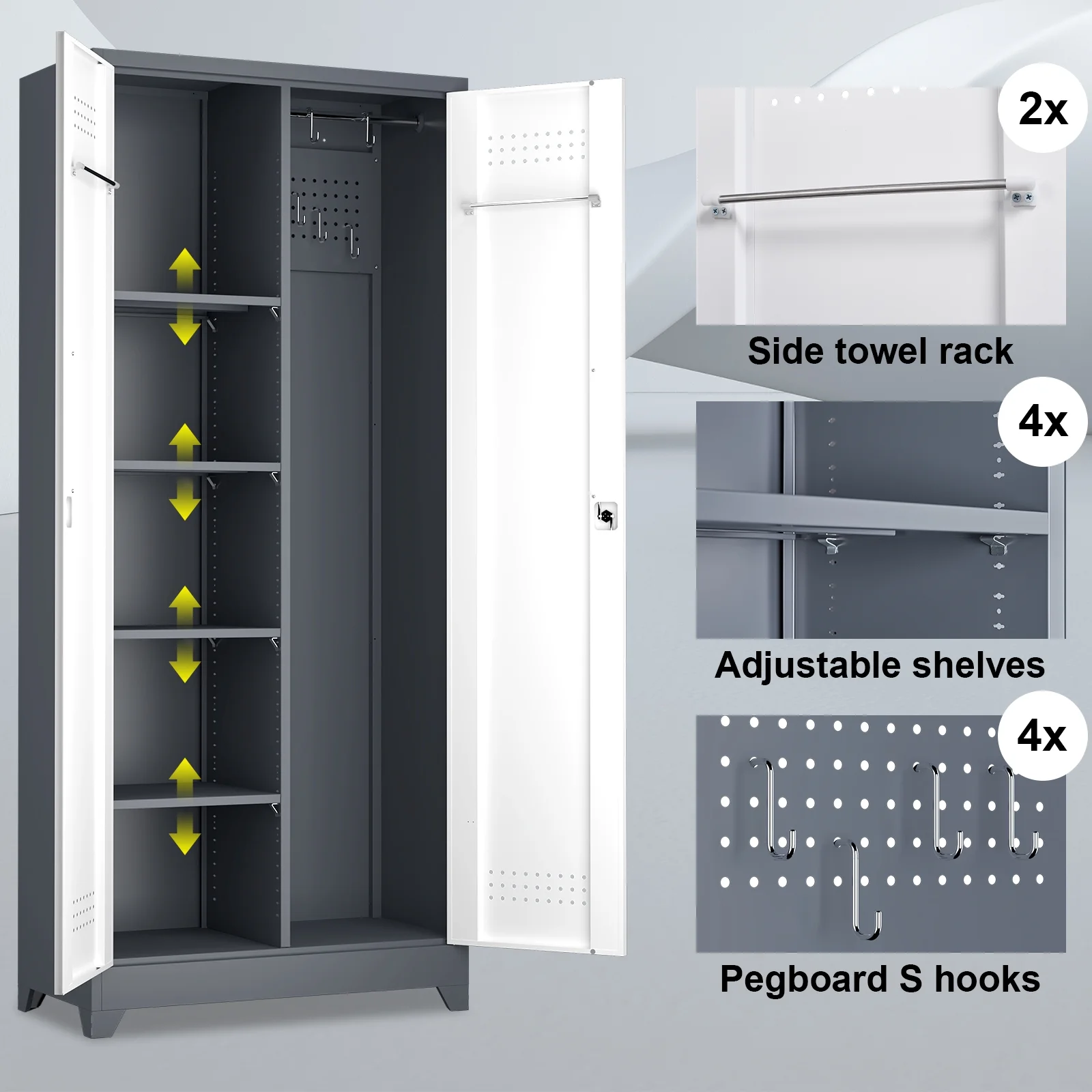 Marcree Broom Closet with Locking Doors,72.8-H Cleaning Tool Storage Cabinet with Hanging Rod & Hooks,Heavy-Duty Tool Garage Storage Cabinet for Utility Room,Grey