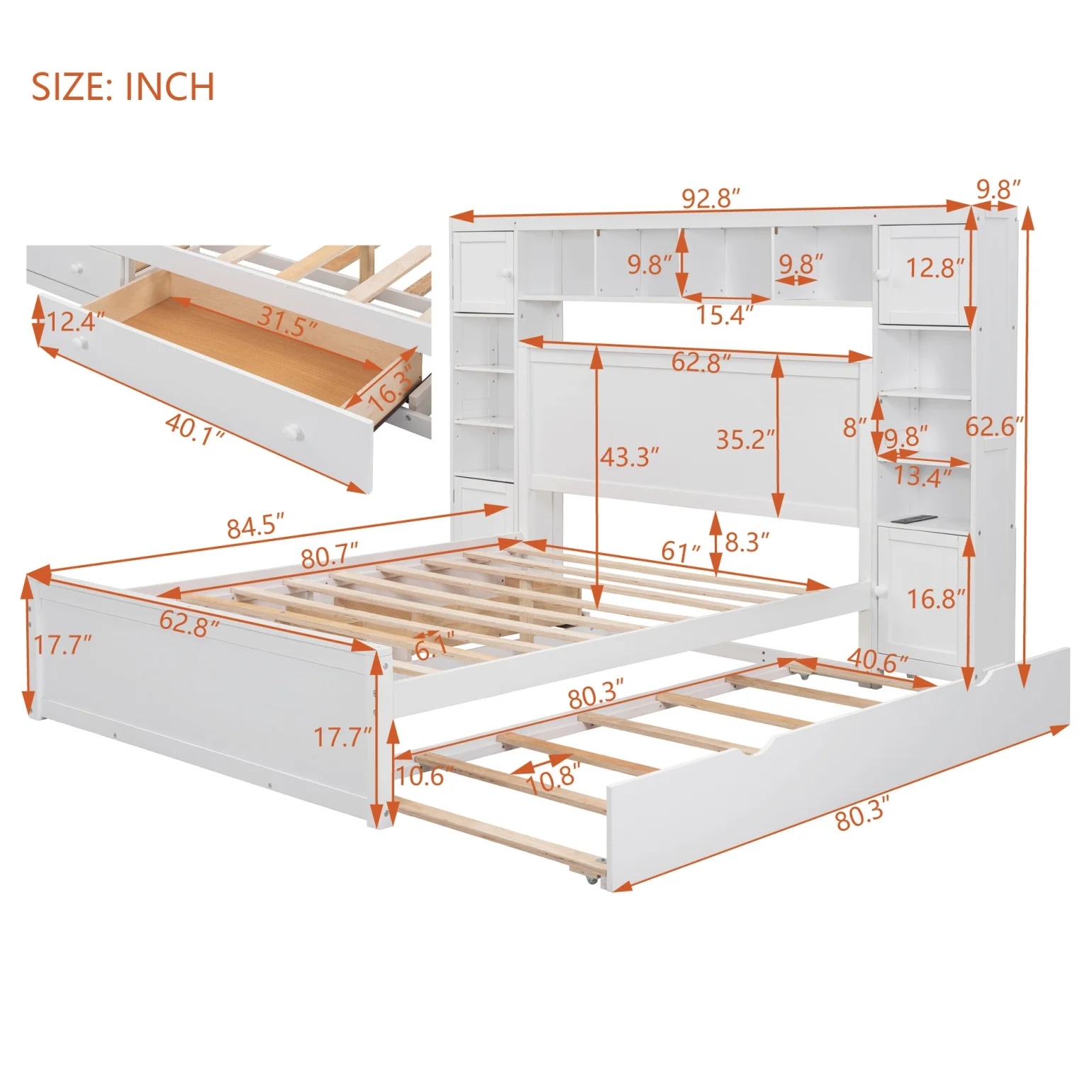Queen Size Bed Frame with Headboard Storage and Outlet, Modern Solid Wood Storage Bed with 4 Underbed Drawers, Durable and Noiseless,Espresso