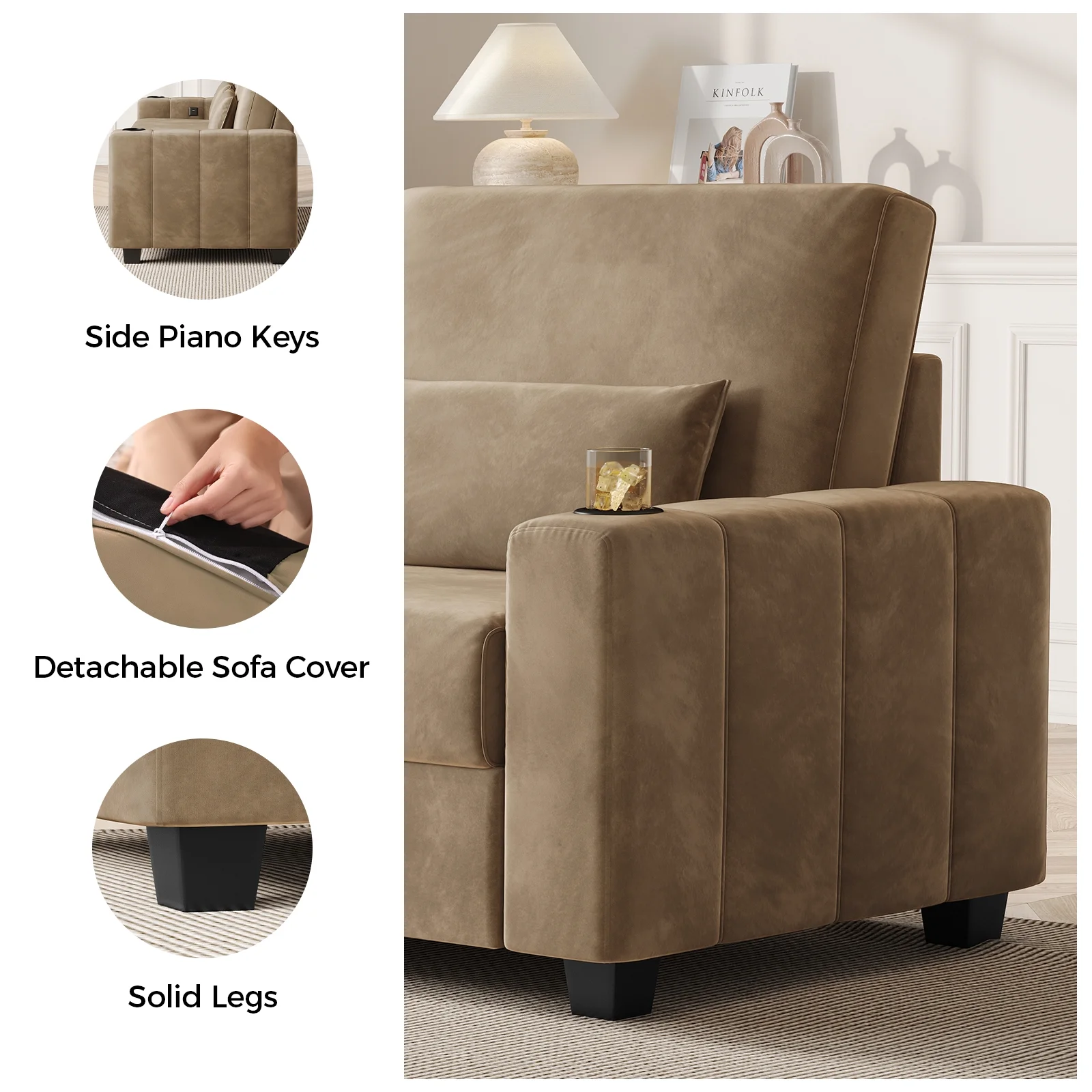 87-Large Loveseat Sofa, 3 Seater Couch with Storage, Velvet Fabric Deep Seat Sofa with Pillow& Cup Holders, Modern Comfy Sofa with USB& Type-C Ports, Home Sofa Couch for Living Room Bedroom