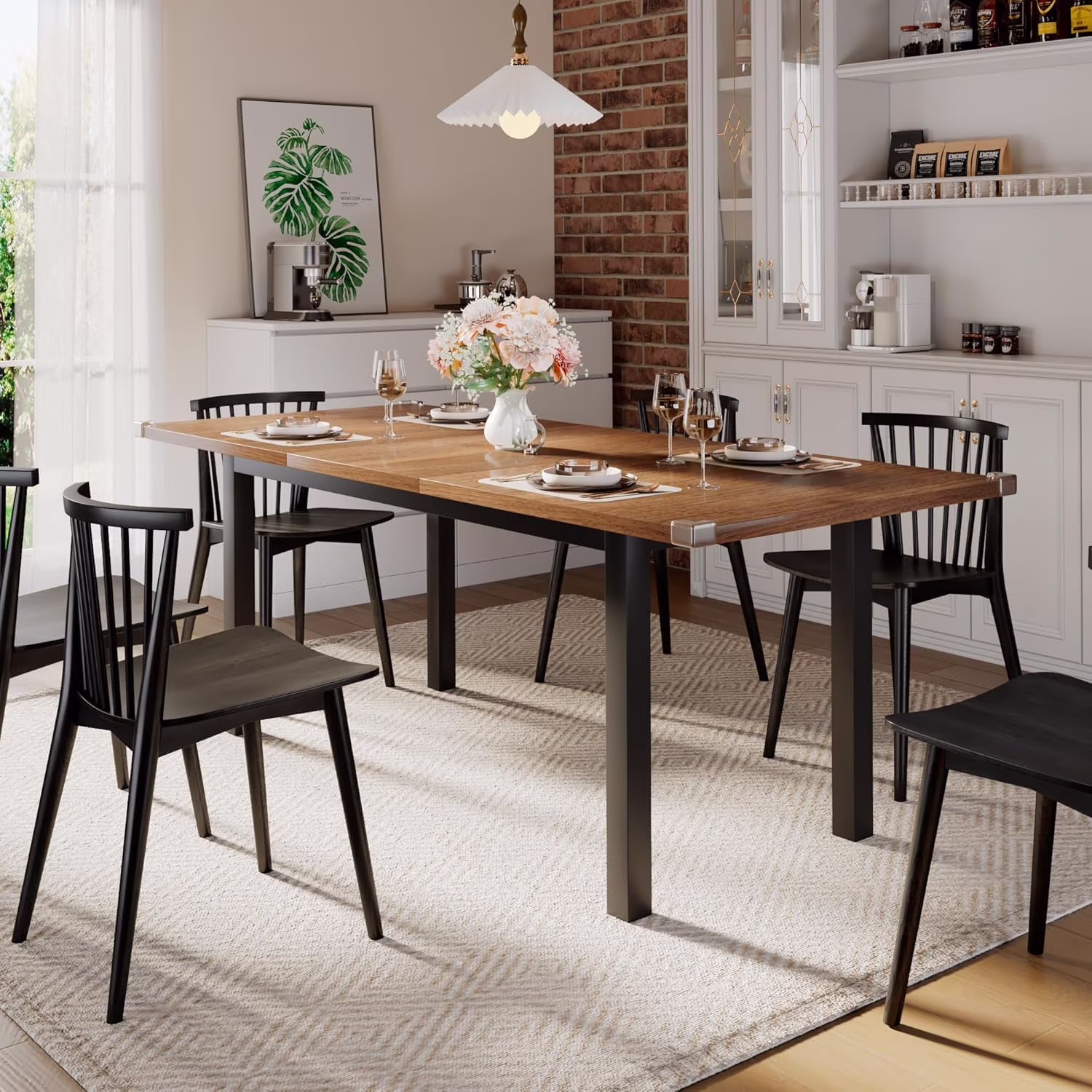 iPormis 63" Extendable Dining Table for 4-8, Square Wooden Dining Room Table with Metal Base, Modern Extendable Table for Small Kitchens, Dining Office Areas, Black