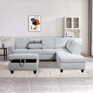 Aukfa 3 Piece Sectional Sofa, Living Room Couch with Storage Ottoman&Cup Holder, Linen, Right Hand, Purple