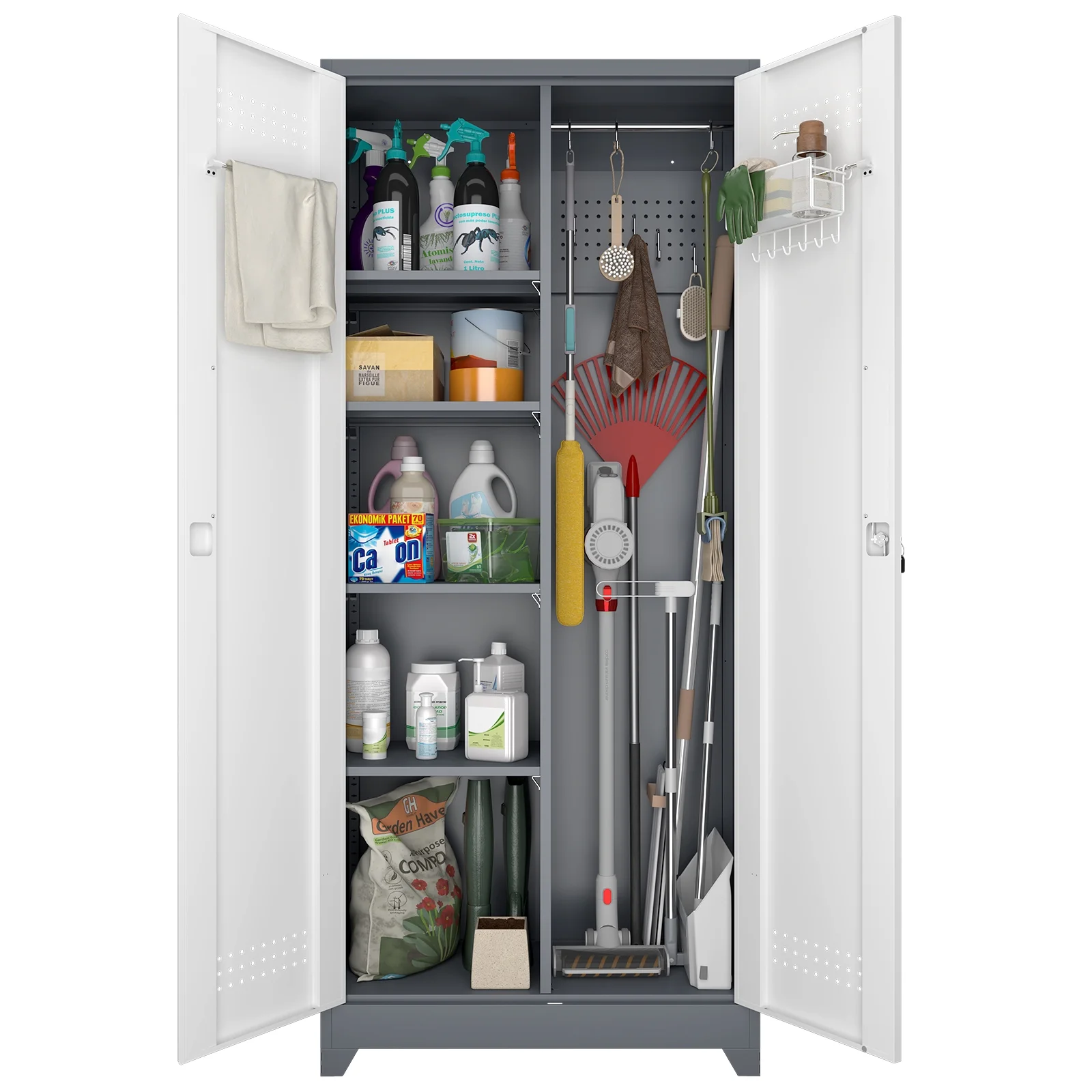 Marcree Broom Closet with Locking Doors,72.8-H Cleaning Tool Storage Cabinet with Hanging Rod & Hooks,Heavy-Duty Tool Garage Storage Cabinet for Utility Room,Grey