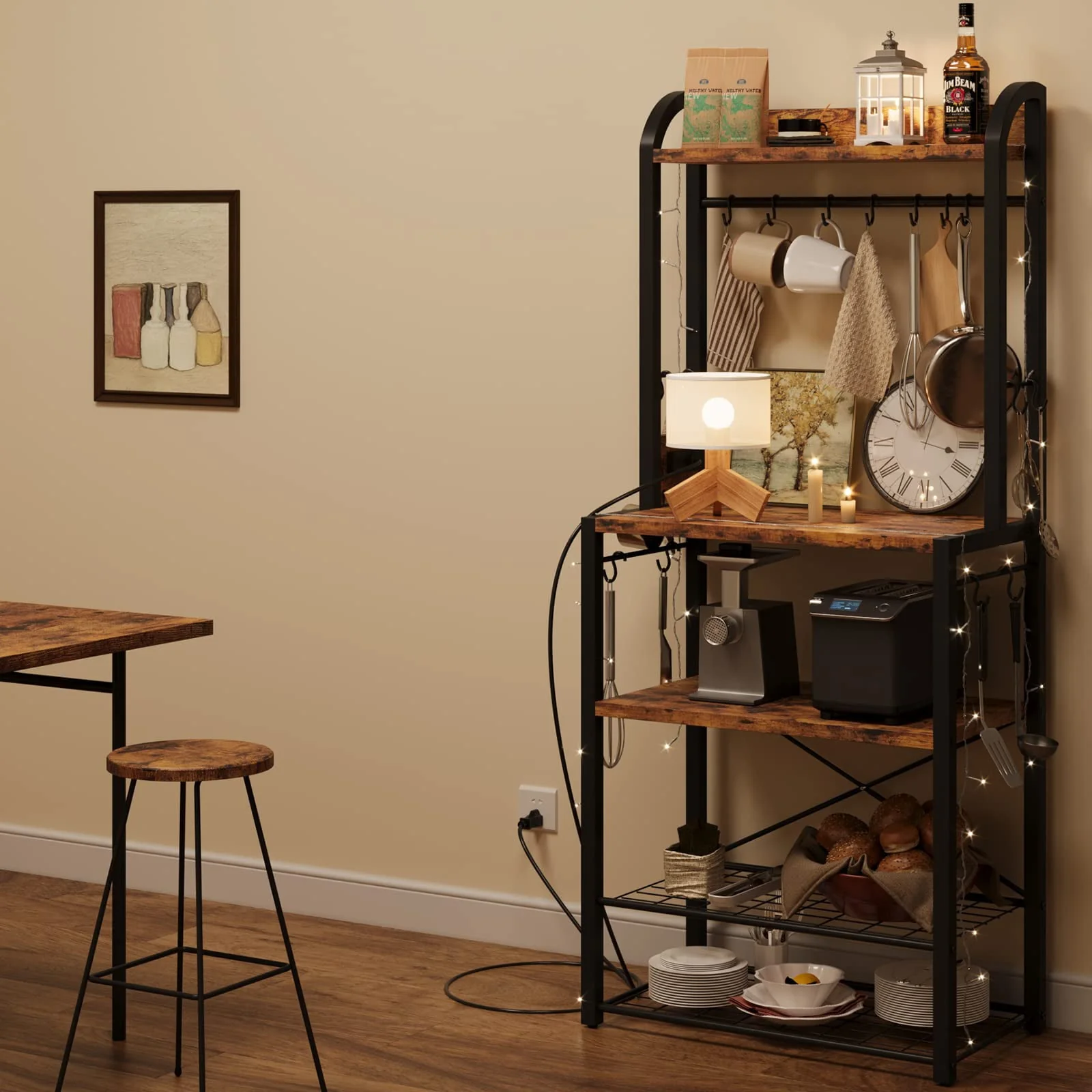Oyang Bakers Rack with Power Outlet, Industrial Microwave Stand with Metal Wire Panel, Kitchen Storage Rack with 8 Hooks