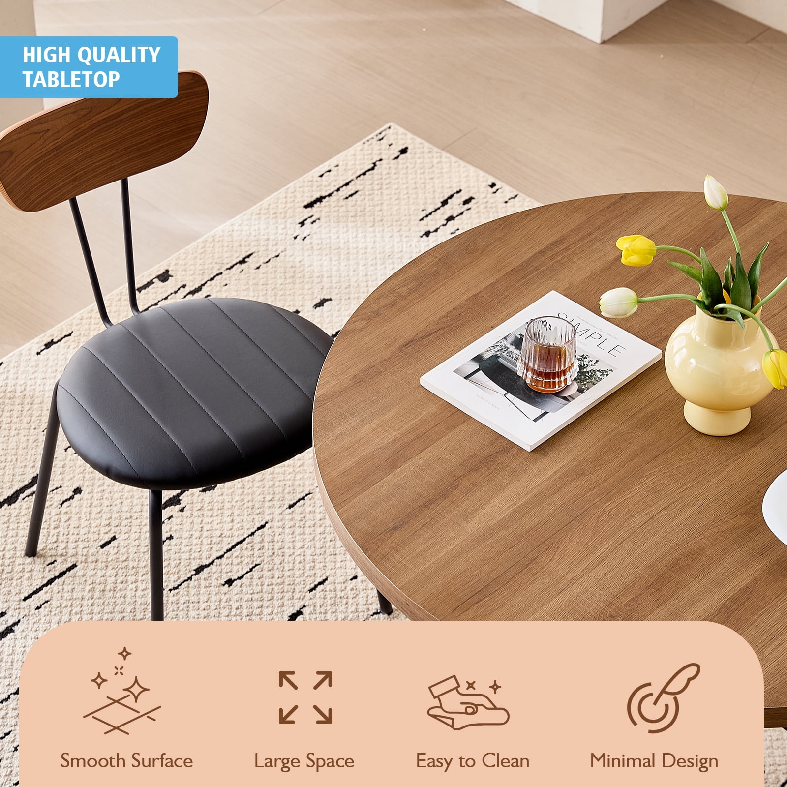39- Round Dining Table, Modern Small Kitchen Table for 4 with X-Shaped Metal Legs and 1.2" Thickness Tabletop for Kitchen Dining Room, Coffee Table, Oak
