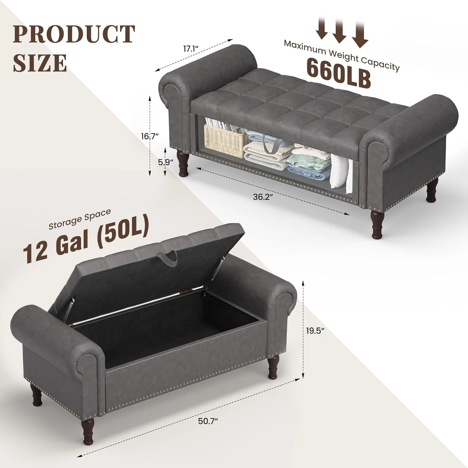 Gelloan Storage Ottoman Bench for Bedroom,Upholstered Bedroom Bench with Rolled Arms and Rivets, Storage Chest for Living Room,Grey,51 Inches