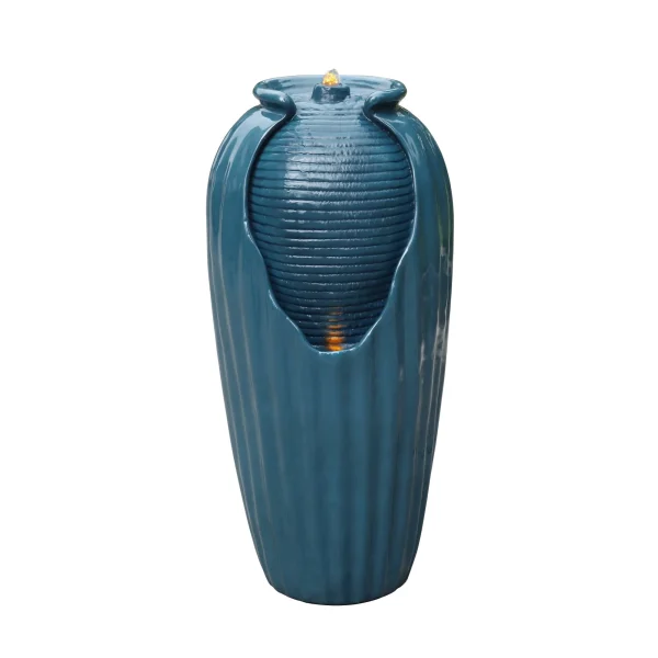 Teamson Home Indoor/Outdoor Glazed Contoured Vase Water Fountain for Backyard with LED Lights, Blue