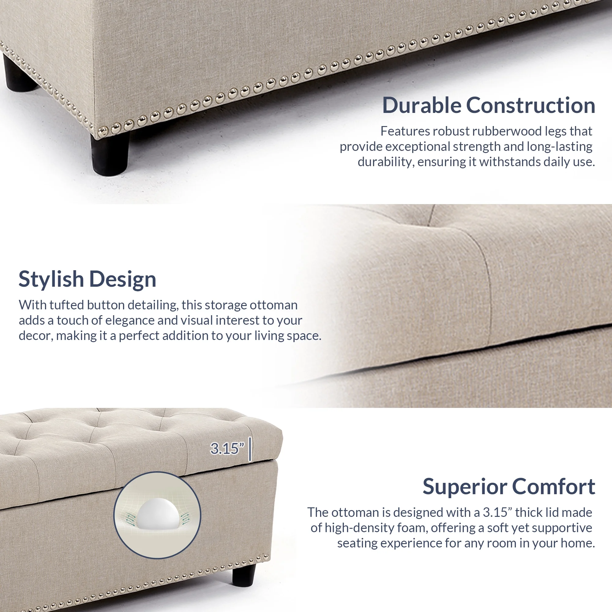 BELLEZE 35 Inch Storage Ottoman, Button-Tufted Ottoman Linen Storage Bench with Safety Close Hinge, Ottoman with Storage for Living Room, Entryway, Hallway, Foot Rest, Support 300lbs - Dark Grey