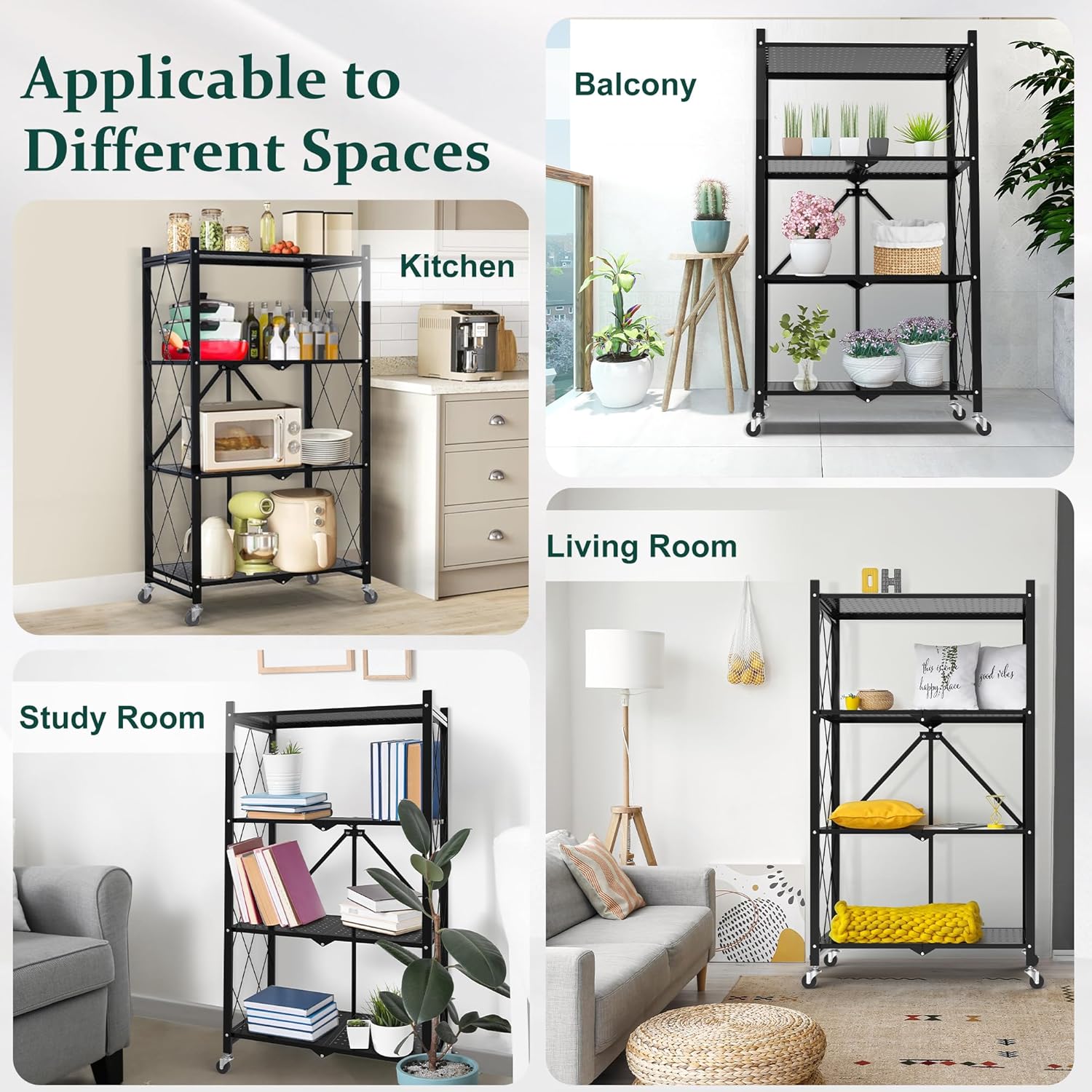 Foldable 4-Tier Storage Shelves with Wheels, No Assembly Bookshelf, Heavy Duty Kitchen Racks and Shelves, Rolling Microwave Cart, Black