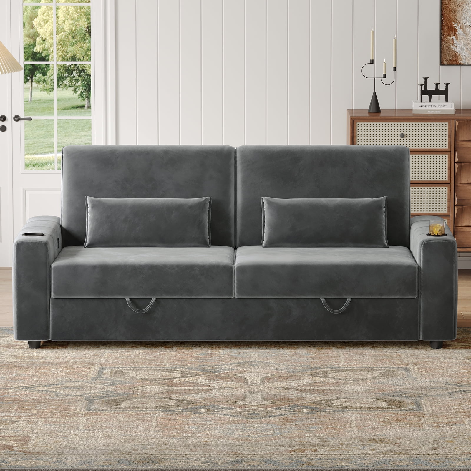 87-Large Loveseat Sofa, 3 Seater Couch with Storage, Velvet Fabric Deep Seat Sofa with Pillow& Cup Holders, Modern Comfy Sofa with USB& Type-C Ports, Home Sofa Couch for Living Room Bedroom