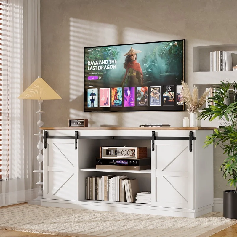 Furmax 65 inch TV Stand Entertainment Center with Sliding Barn Doors and Storage,White