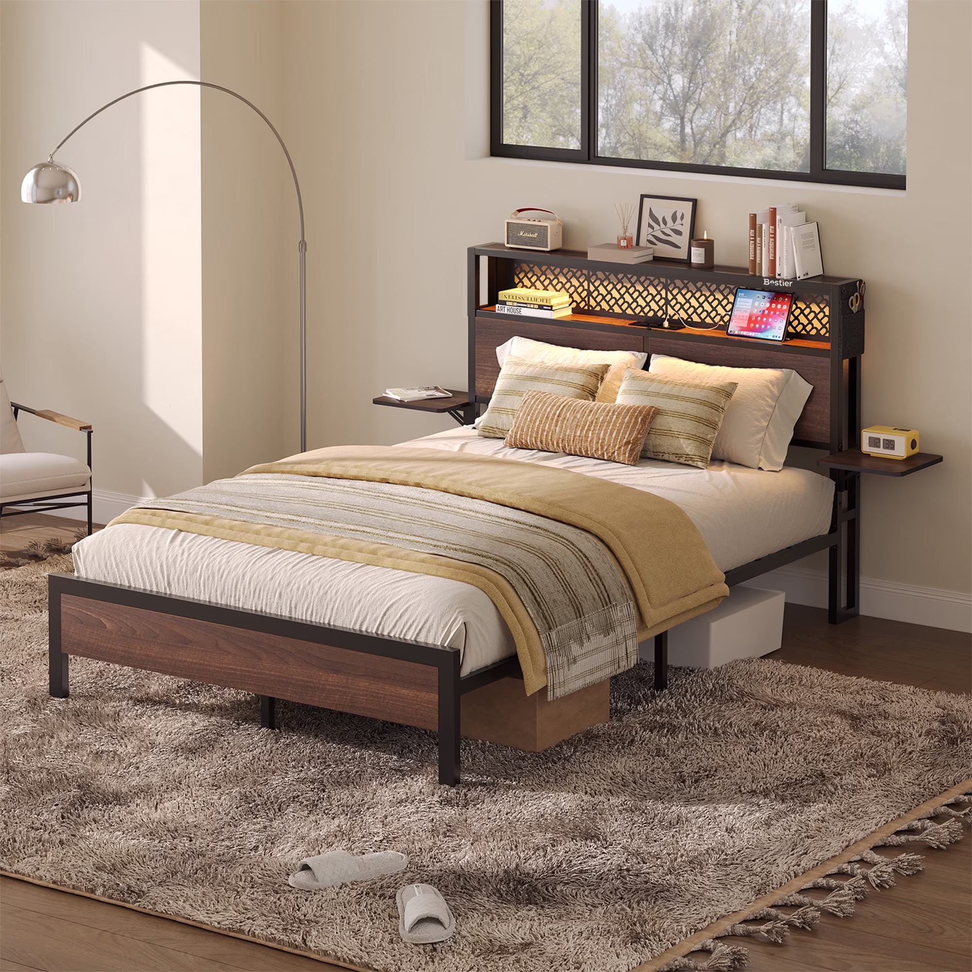 Bestier Queen Size Platform Bed Frame with Wood Foldable Bedside Shelves and LED Storage Headboard Charge Station, Gray