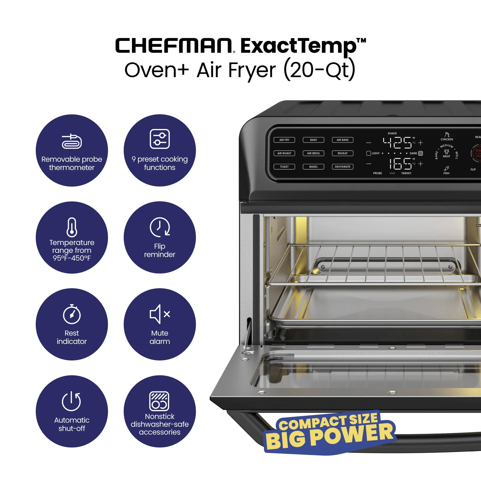 Chefman 12-in-1 Air Fryer Oven Combo w/ Probe Thermometer, 20 qt Capacity, Black Stainless Steel