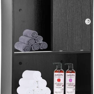 BarberPub Wall Mounted Bathroom Storage Cabinet with Sliding Door and Shelf, Salon Storage Equipment, 30"(H)x 23.6"(W), Black
