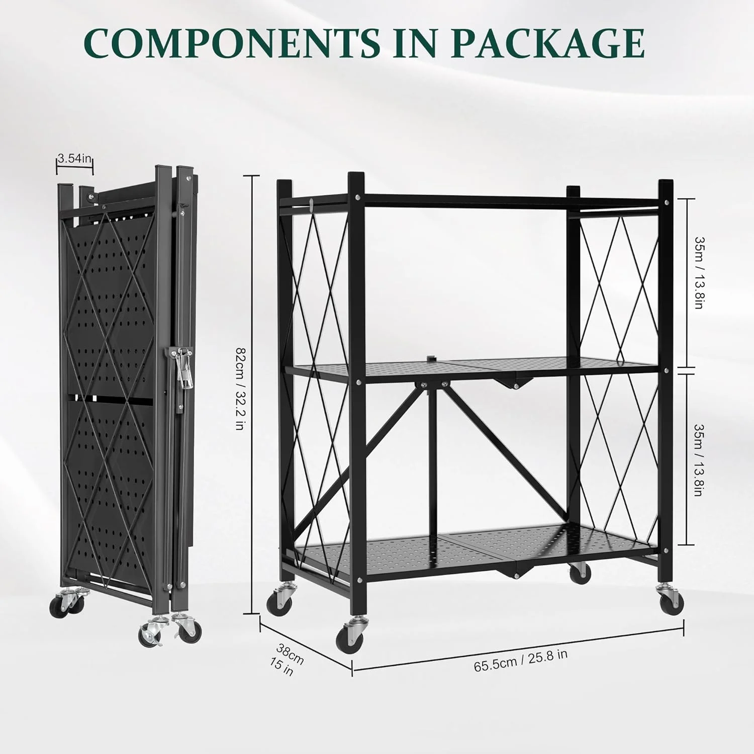 Foldable 4-Tier Storage Shelves with Wheels, No Assembly Bookshelf, Heavy Duty Kitchen Racks and Shelves, Rolling Microwave Cart, Black