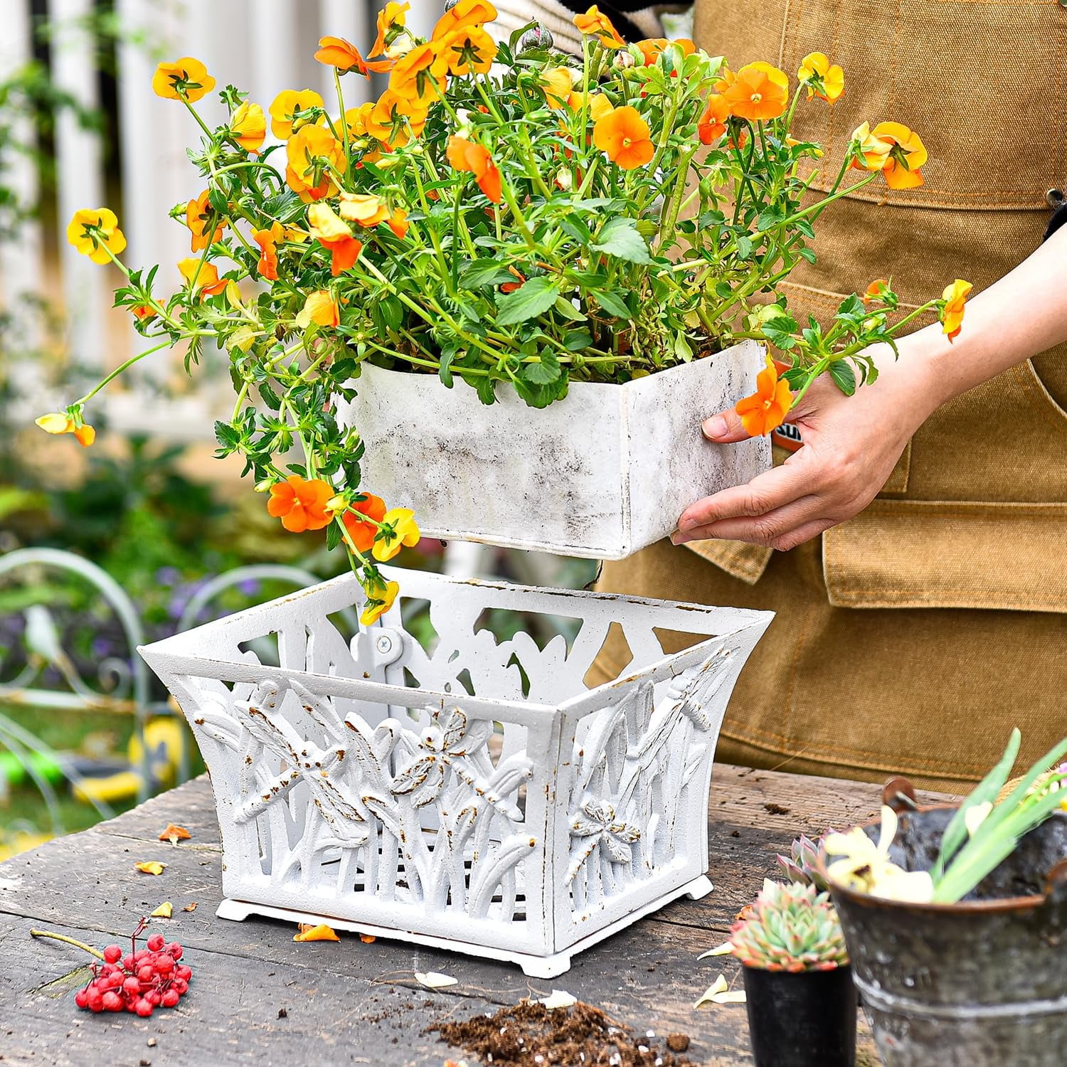 Sungmor Heavy Duty Cast Iron Urn Planter, Beautiful Hollow Trophy Design Tall Orchid Flower Pot, Large Decorative Plastic Flowers Plants Bouquets Vase, Rustic French Country Pot for Home or Garden