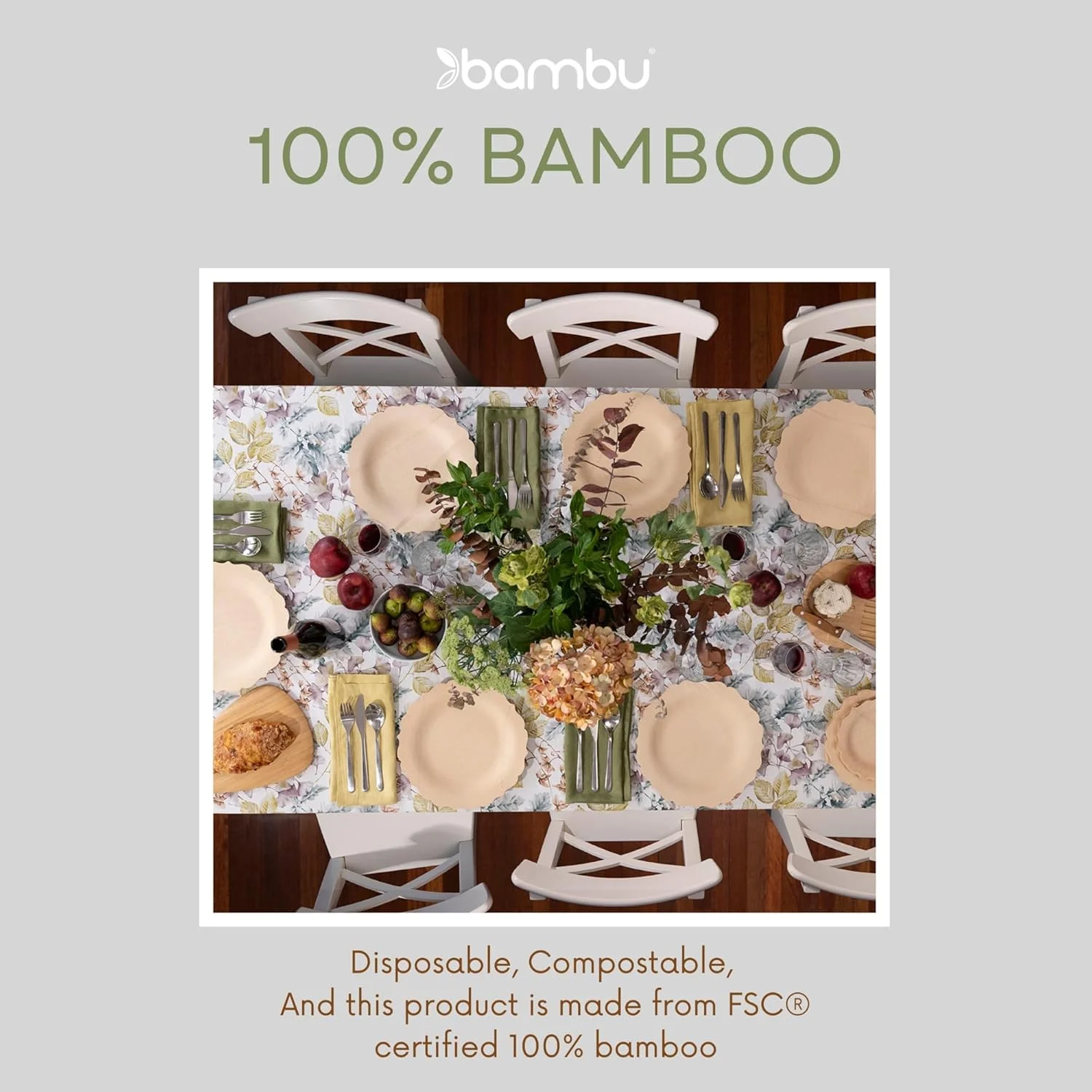Bambu Pack of 100-9 Inch Fancy 100% Bamboo Plates -C Premium Disposable Dinnerware | Elegant, Biodegradable Veneerware Natural Tableware for Weddings, Parties, Entertaining & Special Occasions