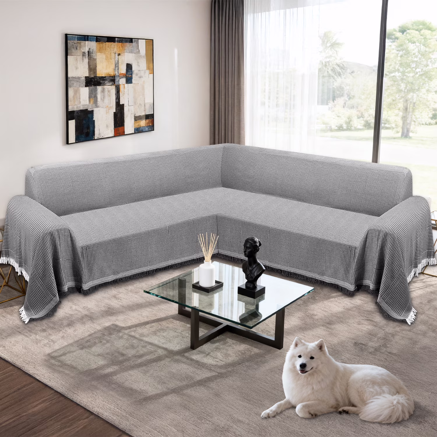 HDCAXKJ Washable L Shape Sofa Covers Reversible Sectional Couch Covers Corner Sofa Slipcovers Blankets Sofa Cover for Living Room Home Decor,91"x252",Gray