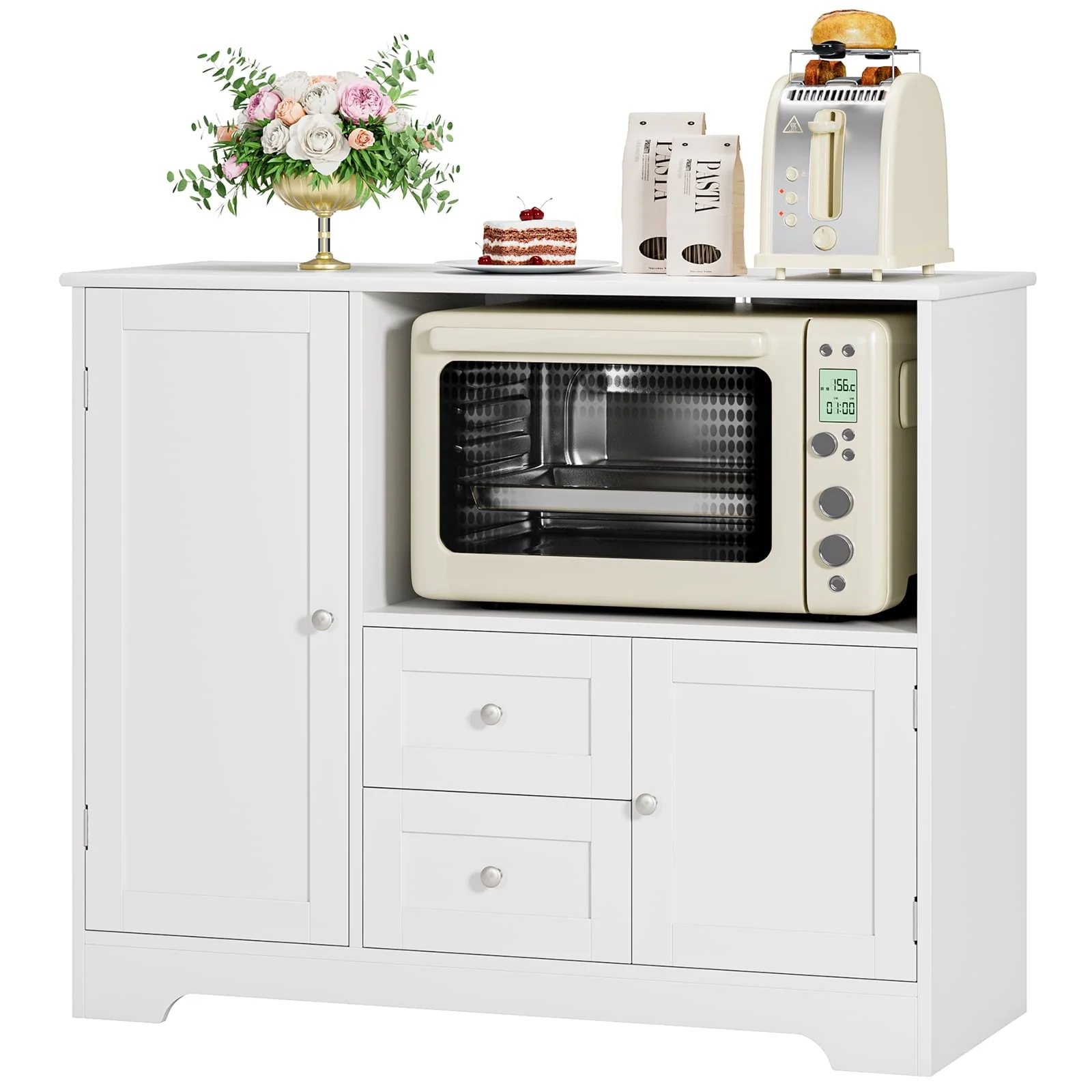 Homfa 40'' Kitchen Storage Cabinet, Buffet Cabinet Sideboard with Drawers and Adjustable Shelves, Microwave Cabinet for Dining Room, White