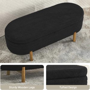 Furniliving Modern Storage Ottoman Bench, Sherpa Ottoman End of Bed Bench with Solid Wood Legs Upholstered Ottoman Benches with Storage Indoor Bench for Living Room with Rolled Arm, Entryway, White