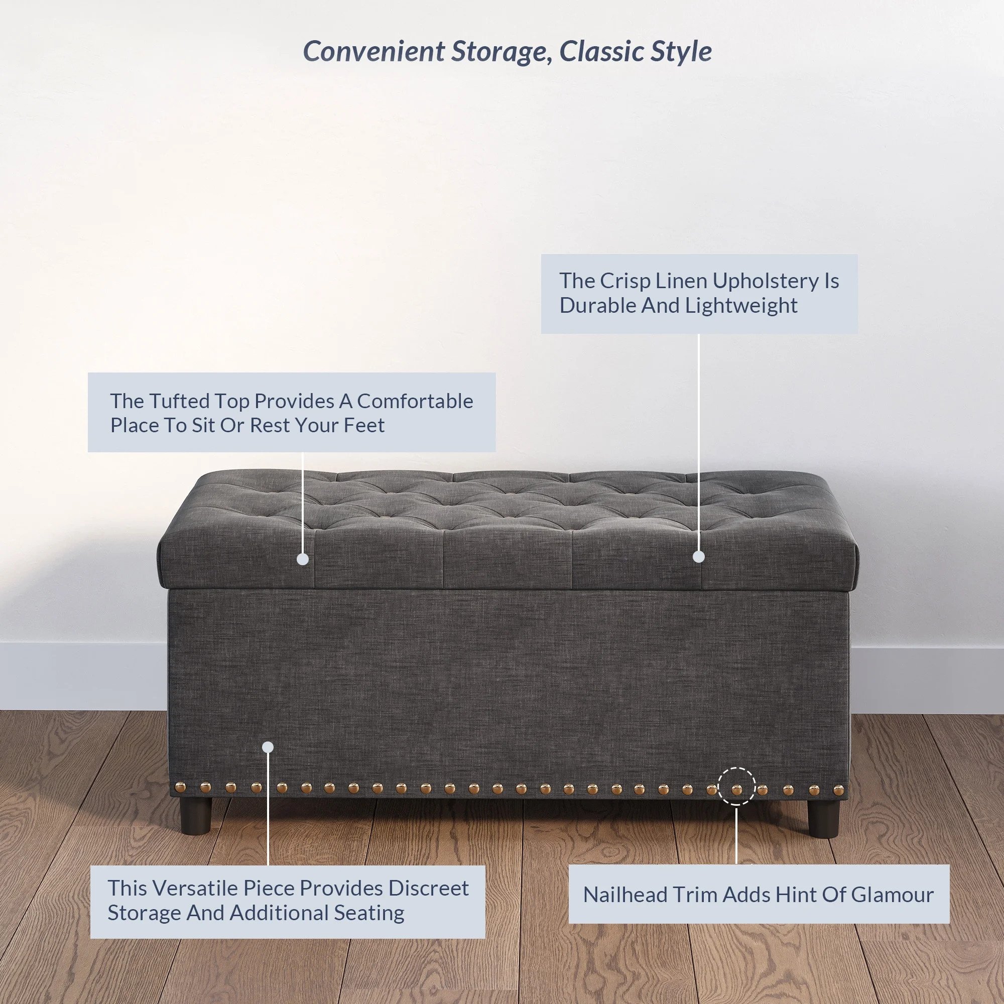 BELLEZE 35 Inch Storage Ottoman, Button-Tufted Ottoman Linen Storage Bench with Safety Close Hinge, Ottoman with Storage for Living Room, Entryway, Hallway, Foot Rest, Support 300lbs - Dark Grey