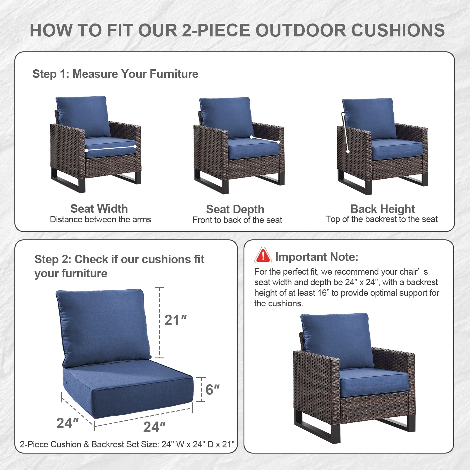Bellefurn Outdoor Deep Seat Cushion 24 X 24 X 6 inch for Patio Furniture,Outdoor Chair Cushions Waterproof & Fade Resistant Patio Furniture Cushions for Wicker Chair, Sofa, Couch