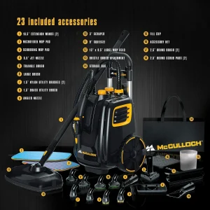 McCulloch MC1375 Canister Steam Cleaner with 20 Accessories, Extra Long Power Cord, Chemical Free Cleaning for Most Floors, Counters, Appliances, Windows, Autos, and More, 1 (Pack), Black