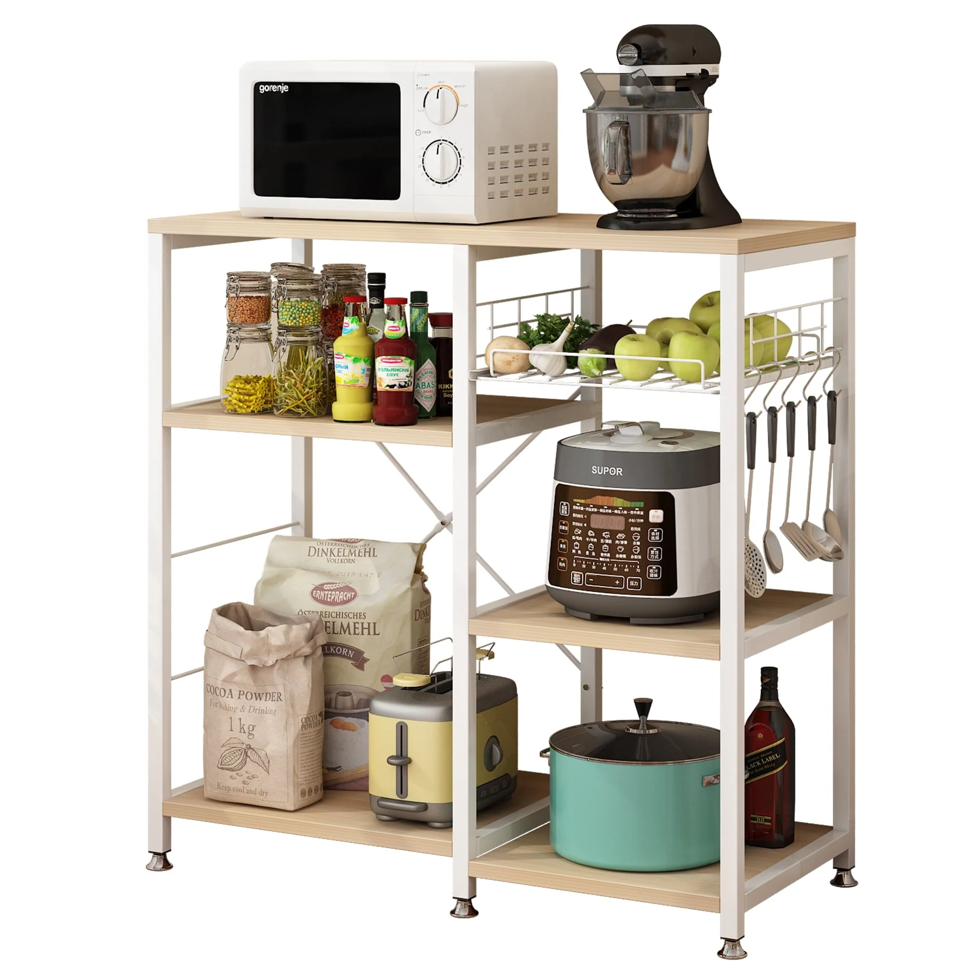 Winado 5 Tiers Vintage Kitchen Baker's Rack Microwave Oven Stand with Kitchen Storage Shelf Rack Hooks, White Oak and Metal Frame