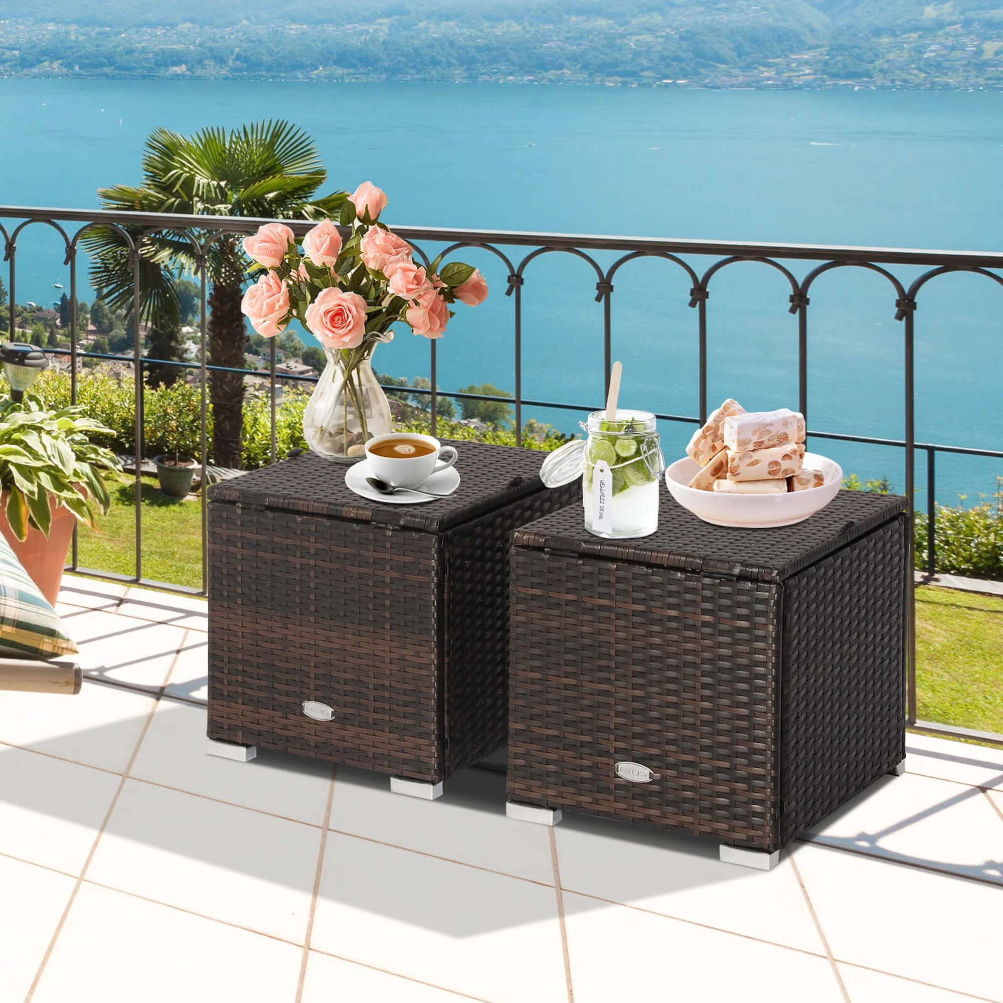 Costway 2PC Patio Rattan Ottoman Seat Side Table Storage Box Footrest Off White