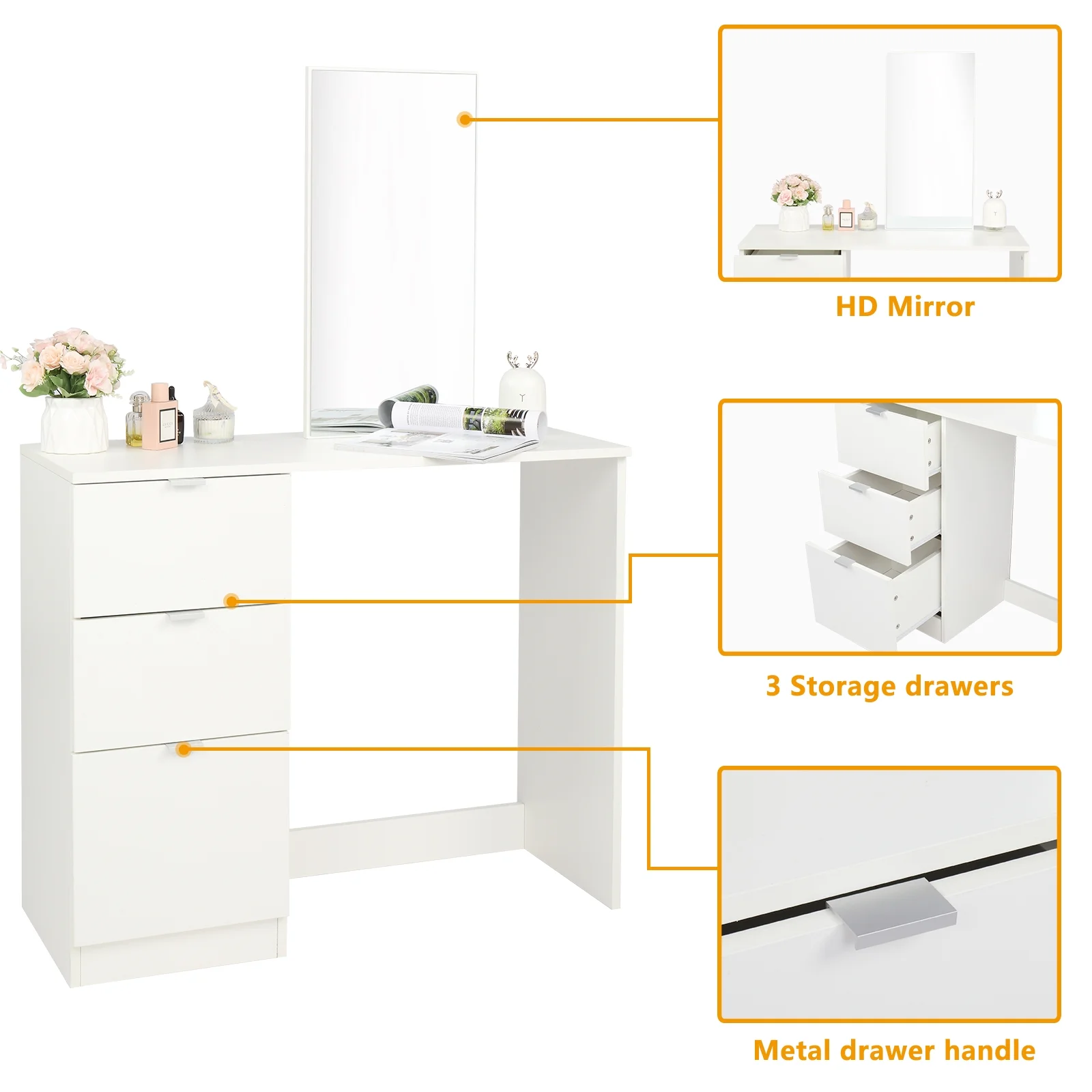 Ktaxon Vanity Set with 3 Color Lighted Mirror, Makeup Table with 6 Drawers, Dressing Table Makeup Desk with Stool, White