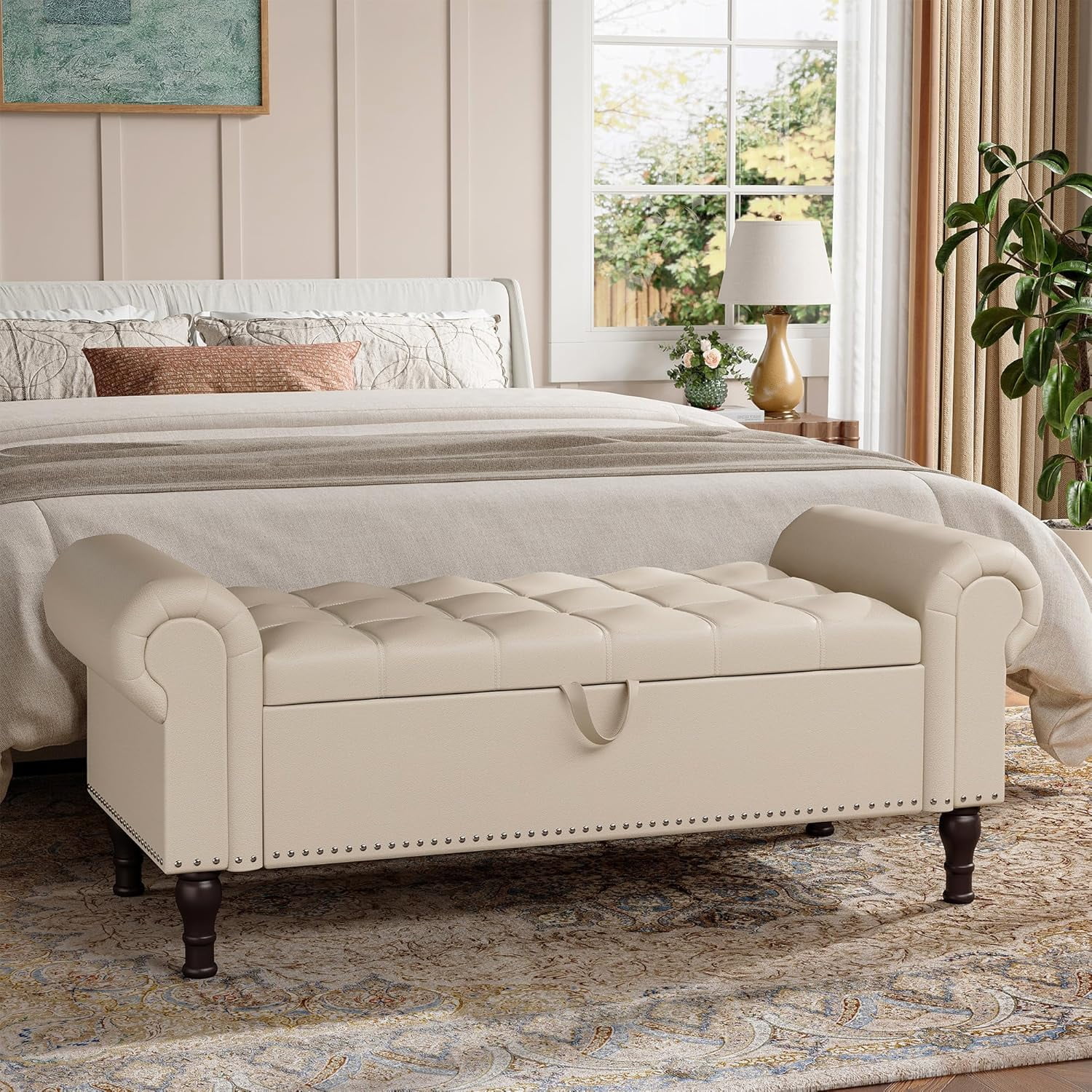 Gelloan Storage Ottoman Bench for Bedroom,Upholstered Bedroom Bench with Rolled Arms and Rivets, Storage Chest for Living Room,Grey,51 Inches