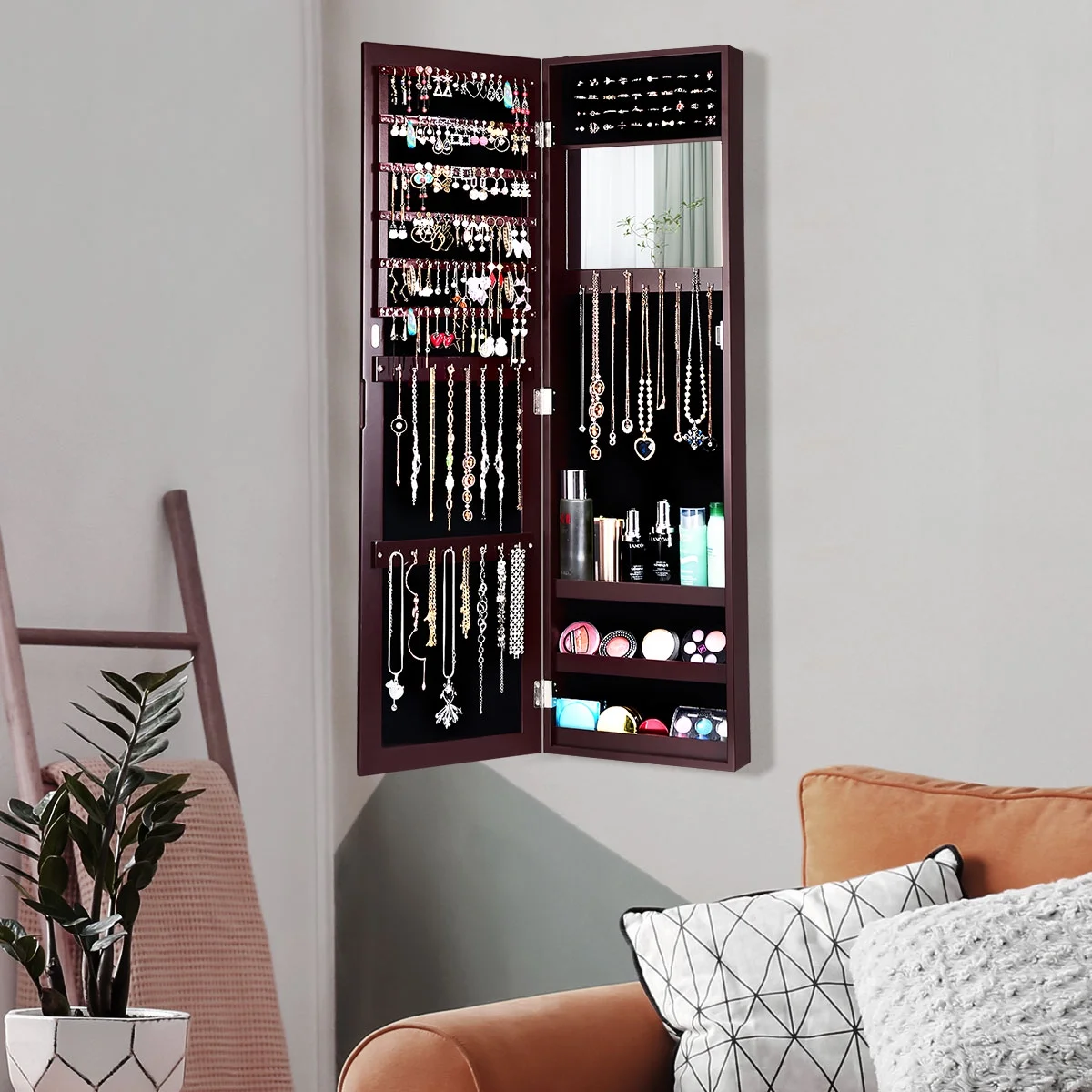 Costway Wall Door Mounted Mirrored Jewelry Cabinet Storage Organizer-Black