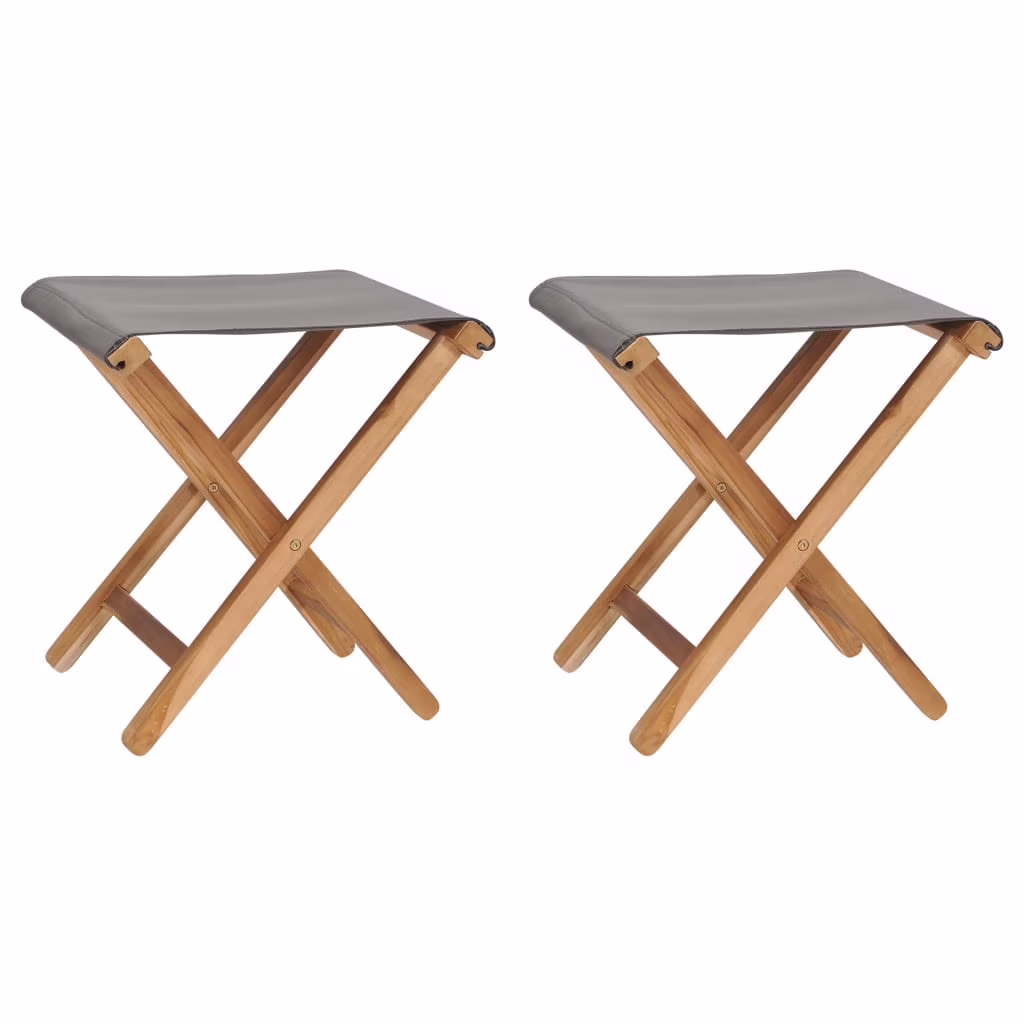 vidaXL Folding Chairs 2 Pcs Patio Stool for Camping Solid Wood Teak and Fabric