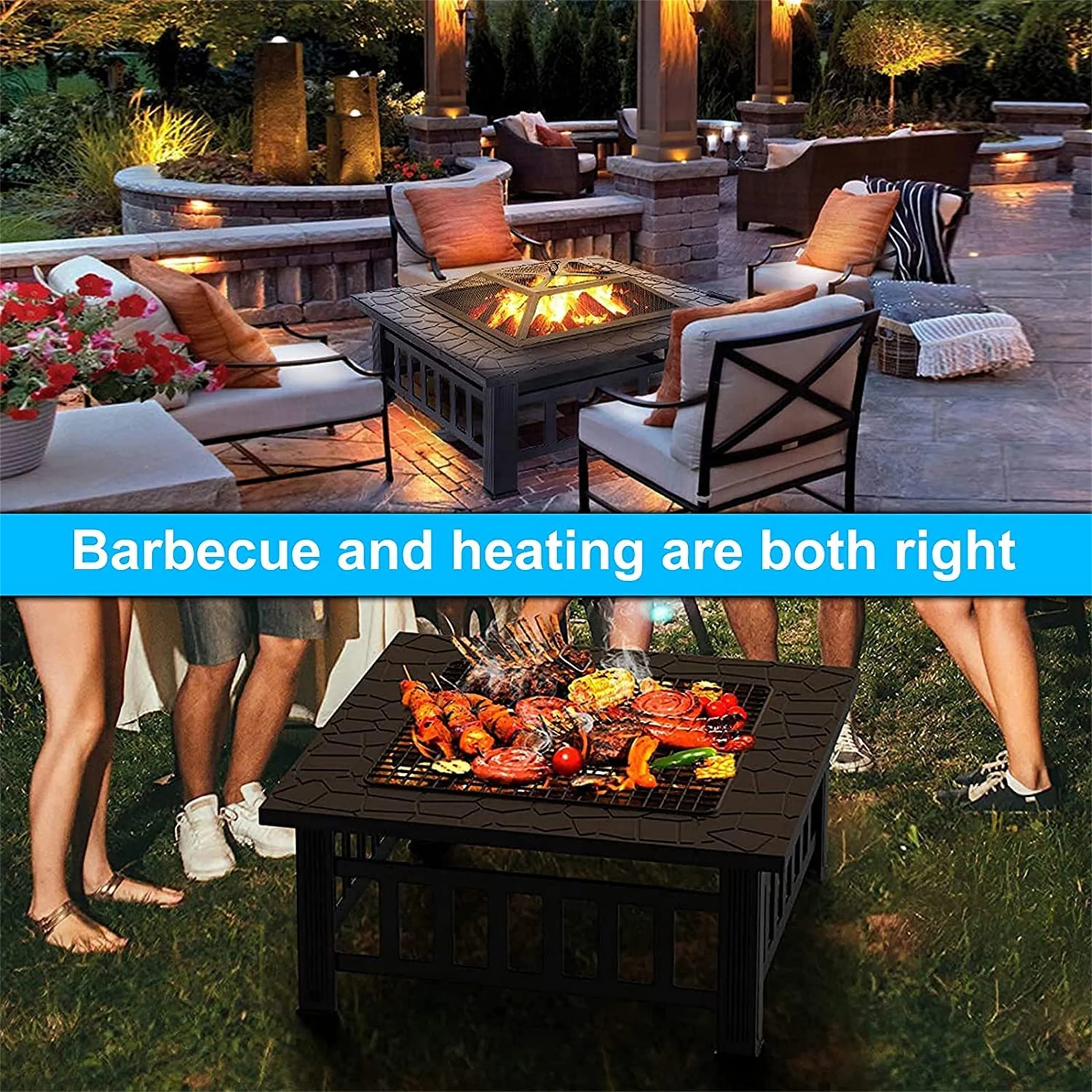 Fire Pits for Outside, UHOMEPRO 32" Square Iron Fire Pit Backyard Patio Garden Stove Wood Burning Fire Pit w/ BBQ Net, Waterprrof Cover, Mesh Screen Lid, Wood Grate, Poker, Durable Fire Pit