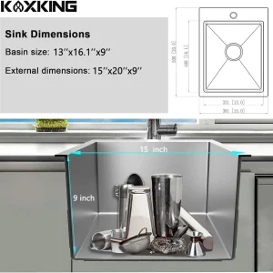 15 x 15 Inch Black Drop In Kitchen Bar Sink, Small Kitchen Sink Single Bowl Topmount Bar Prep Sink 18 Gauge Stainless Steel Bar Sink with Grid and Basket Strainer