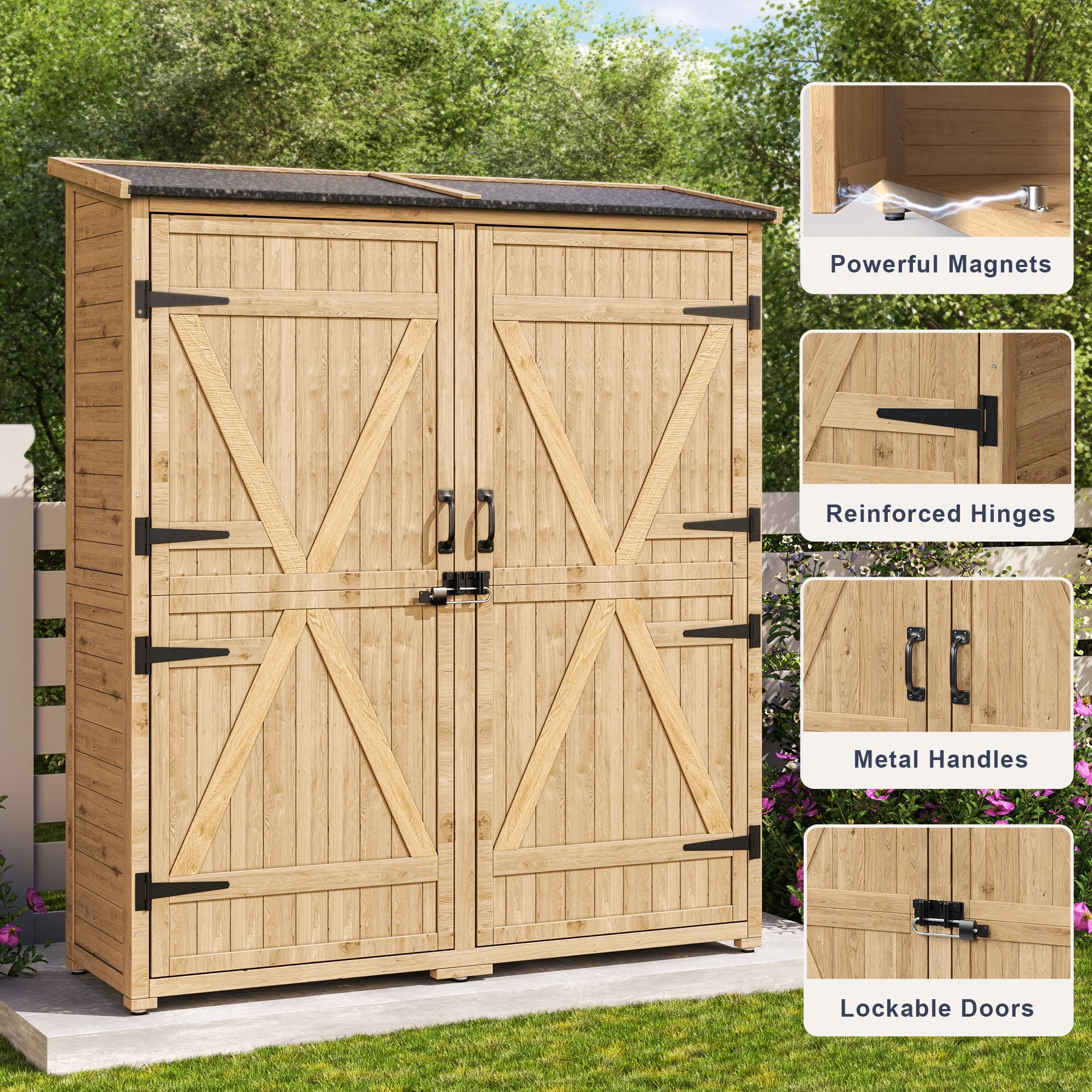 Asofer Outdoor Storage Shed, Storage Cabinet Clearance, Wooden Tool Shed, Deck Cabinet for Outside Patio Lawn