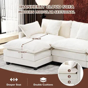 Ihanherry 146" U-Shaped Modern Sofa Modular Sectional Cloud Couch with 2 Ottoman, 6-Seat Chenille Deep Seat Sofa with 6 Pillows for Living Room, Bedroom and Apartment, Grey