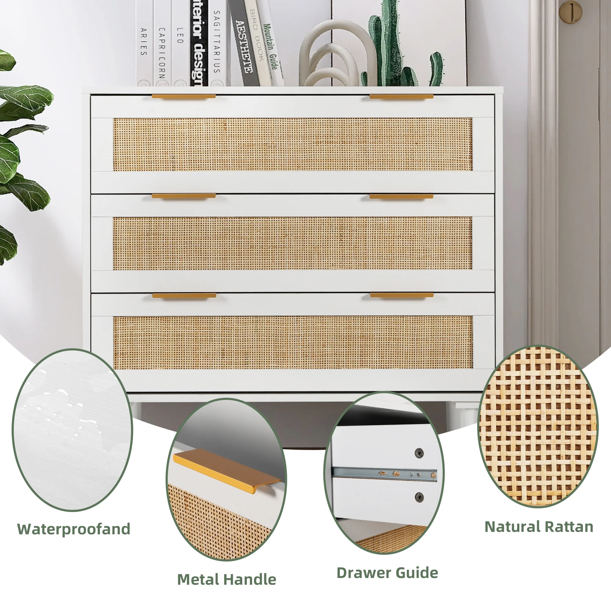 LAZZO 3 Modern Drawer Dresser Rattan, Wooden Dresser Chest of Large Storage Cabinet