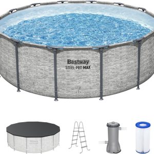 Steel Pro MAX 14 Foot x 48 Inch Round Metal Frame Above Ground Outdoor Swimming Pool Set with 1,000 Filter Pump, Ladder, and Cover, Gray