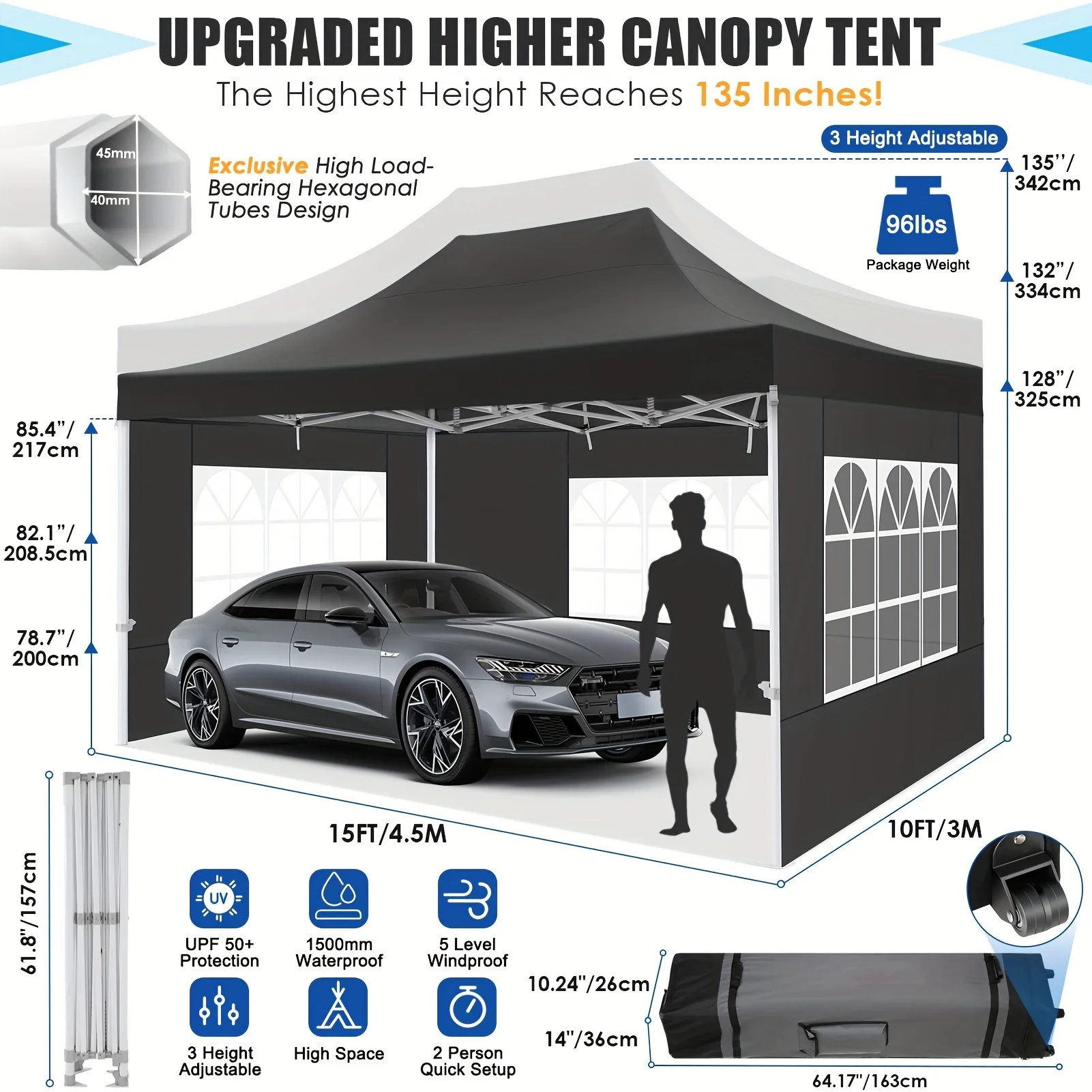 Hoteel 10x15 Heavy Duty Canopy Tent with 4 Sidewalls,Pop up Canopy for Parties Wedding,Commercial Easy up Gazebo with Roller Bag,UV 50+ &,Black
