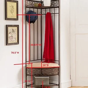 Kings Brand Furniture Brushed Copper Metal Corner Entryway Hallway Storage Bench with Coat Rack