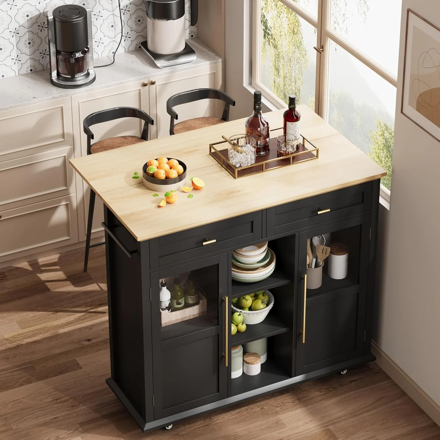 WALYWIK Foldable Kitchen Island Cart with Wheels, 2 Glass Doors, Spice Rack & Towel Holder -C Compact Mobile Storage Cart for Small Kitchens, Dining Rooms, Camping & RVs - Grey