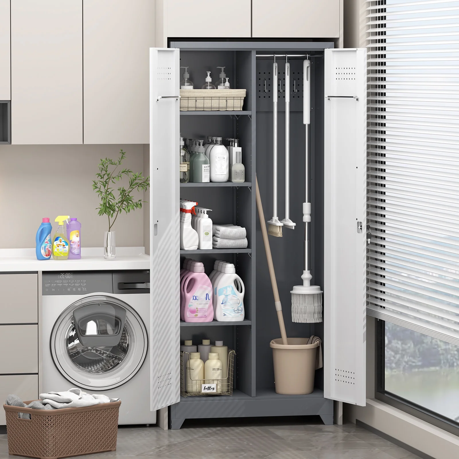Marcree Broom Closet Storage Cabinet,Cleaning Supply Storage Cabinet,Metal Cleaning Closet Cabinet with Adjustable Shelves for Laundry Room Basement