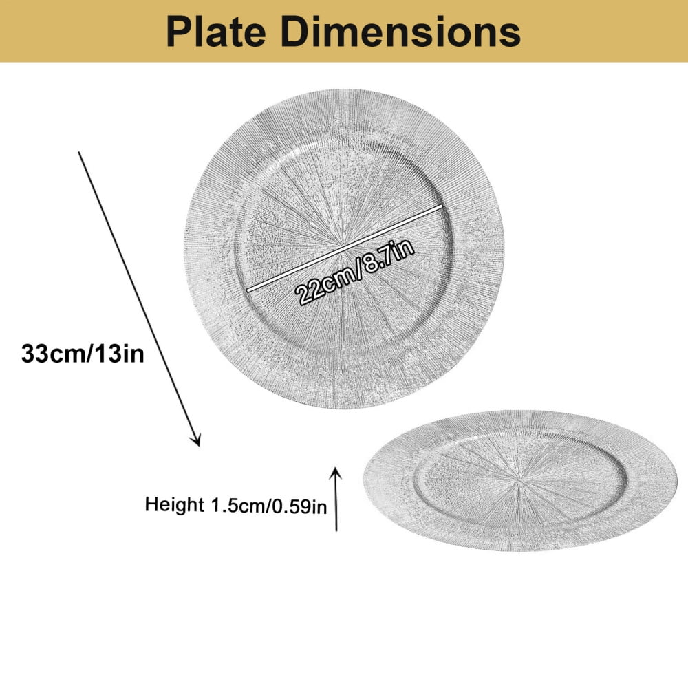 WAASOSCON 100Pcs Bulk Silver Charger Plates, PP Charger Plates for Weddings, Textured Decorative Tableware for Events and Holiday Parties