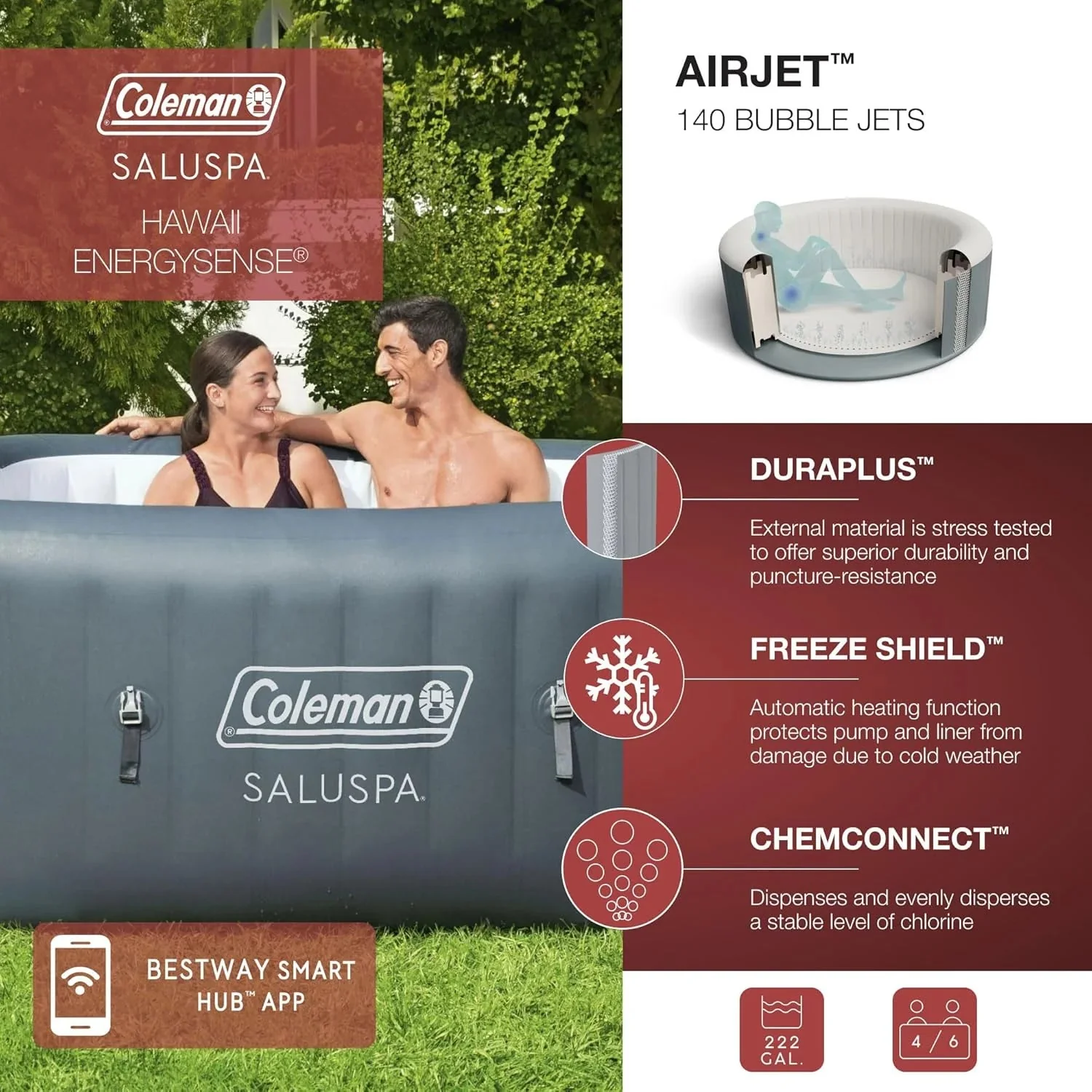4 to 6 Person Inflatable Hot Tub Square Portable Outdoor Spa with 114 Soothing AirJets and Insulated Cover, Gray-Coleman