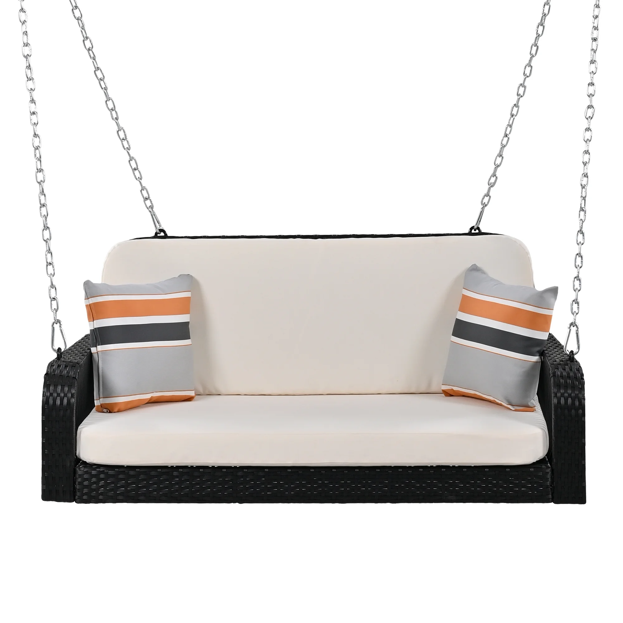 Harper & Bright Designs PE Ratten Porch Swing Chair, 2-Seater Hanging Swing Bench with Chains, All Weather Design Patio Furniture Swing for Backyard Garden Poolside, Grey and White