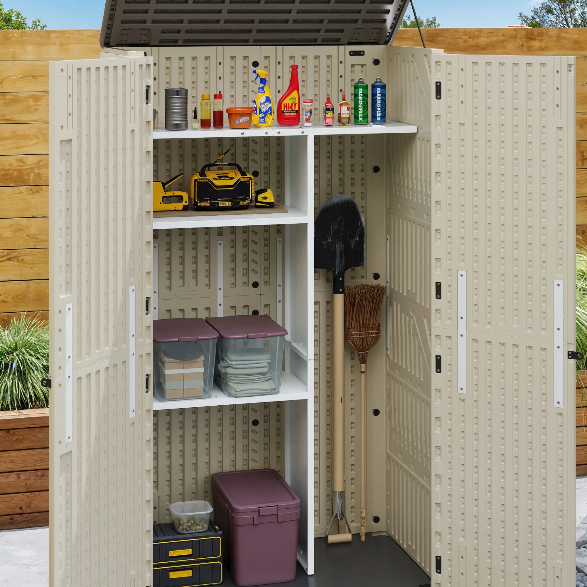 Wooflex 6.7 ft Tall Garage Cabinet with Lockable Double Doors, Resin Storage for Cleaning Supplies, Vacuums, Portable Household Organizer, Woodgrain Brown